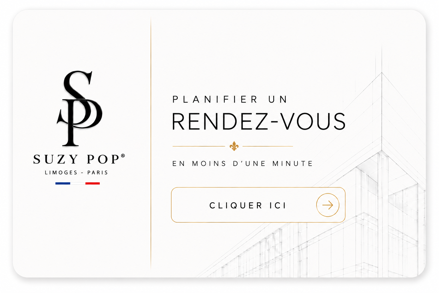 Page de promotion pour Suzy Pop, un planificateur de rendez-vous, avec un bouton 'Cliquer ici' et des éléments graphiques modernes.