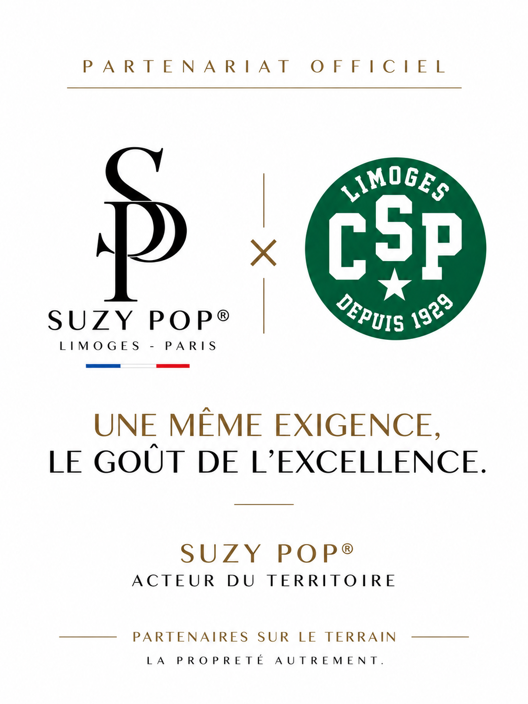 Affiche de partenariat entre Suzy Pop et CSP Limoges, présentant leur logo, slogan et mentionnant leur partenariat sur le terrain.
