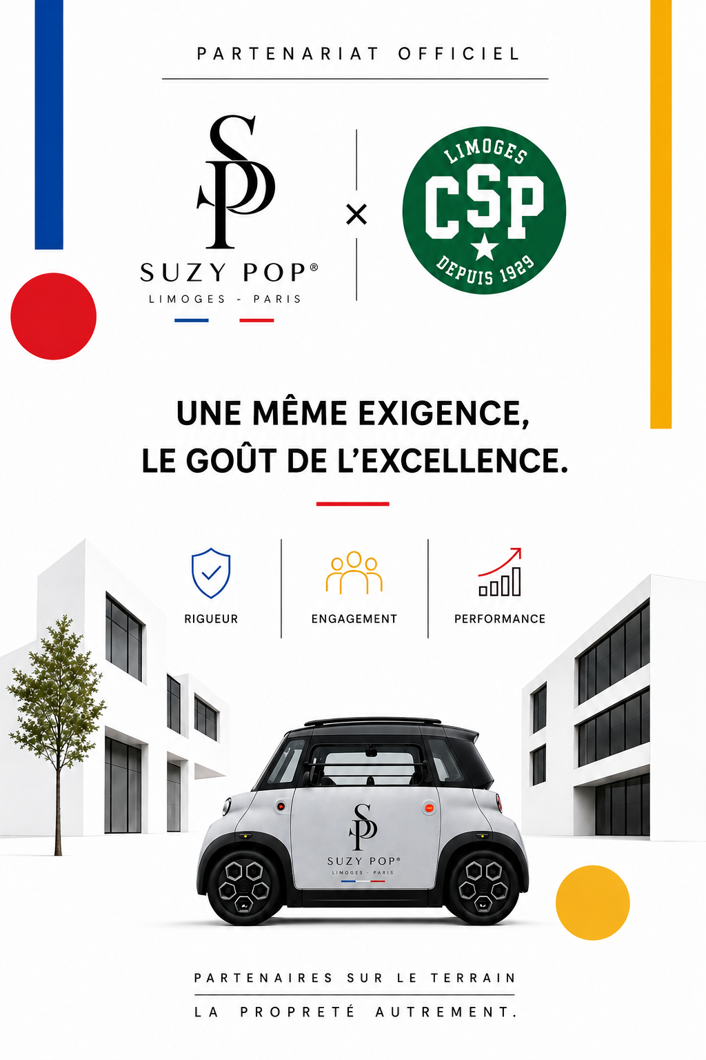 Affiche publicitaire pour une collaboration officielle entre Suzy Pop et Limoges CSP, deux entités françaises, mettant en avant des valeurs telles que rigueur, engagement et performance, avec un slogan sur l'excellence, un logo de voiture électrique aux couleurs des partenaires, et une architecture moderne en arrière-plan.