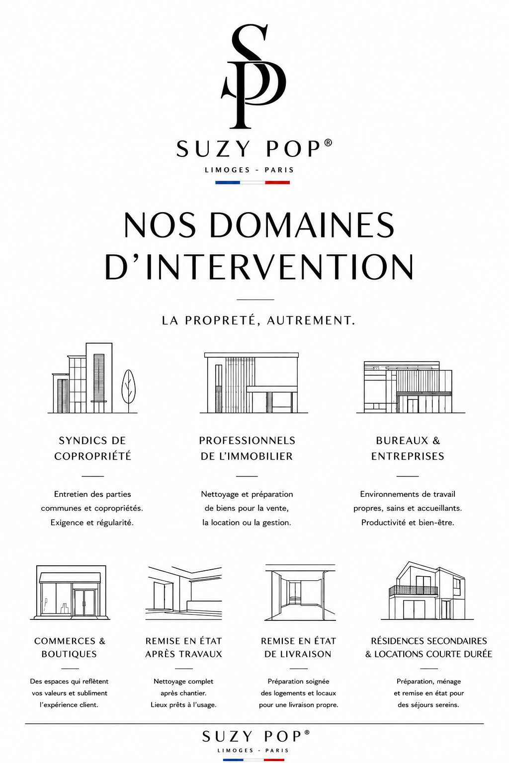 Affiche promotionnelle de Suzy Pop Limoges-Paris, présentant ses domaines d'intervention : syndic de copropriété, professionnels de l'immobilier, bureaux et entreprises, commerces et boutiques, remise en état après travaux, état de livraison, résidences secondaires et locations courte durée, avec des illustrations minimalistes pour chaque domaine.