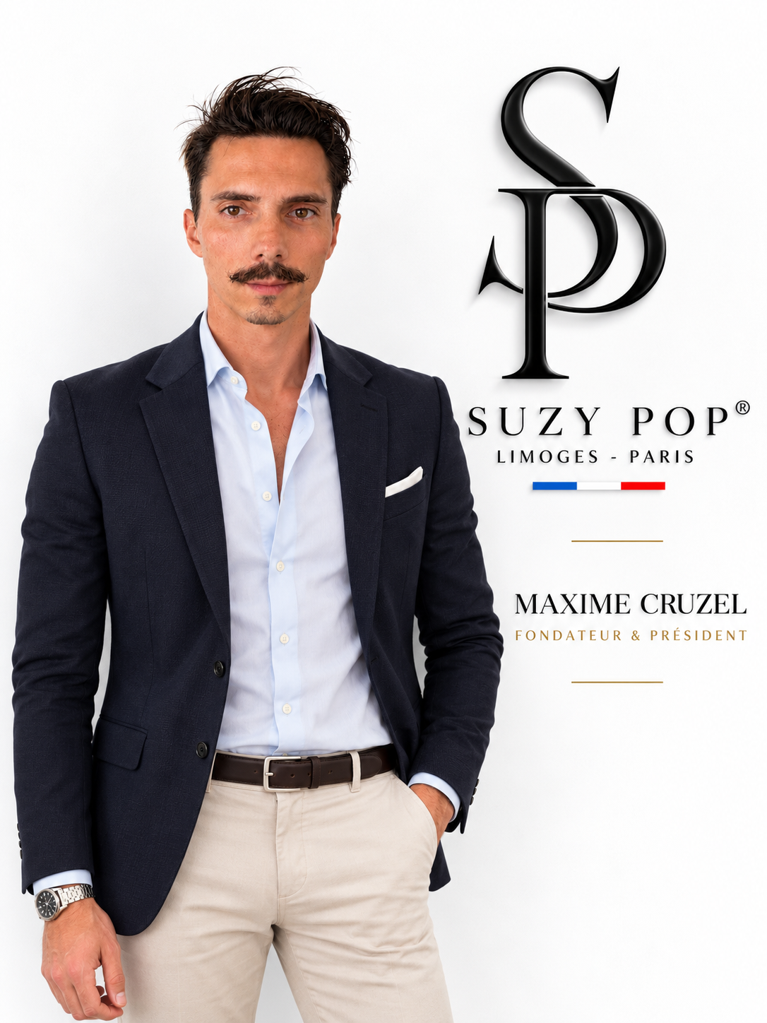 Homme en costume posé devant un logo avec le texte 'Suzy Pop', 'Limoges - Paris', et 'Maxime CruzeL, fondateur et président'.