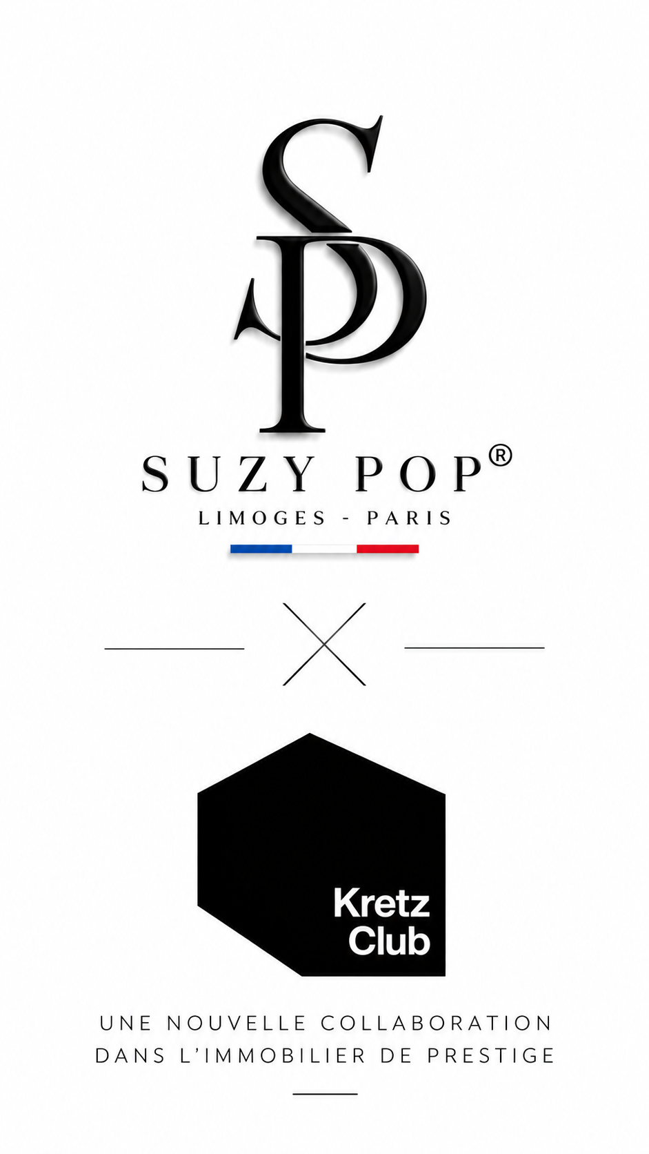 Logo de la marque Suzy Pop, basé à Limoges et Paris, en collaboration avec Kretz Club, pour une nouvelle collection dans l'immobilier de prestige.