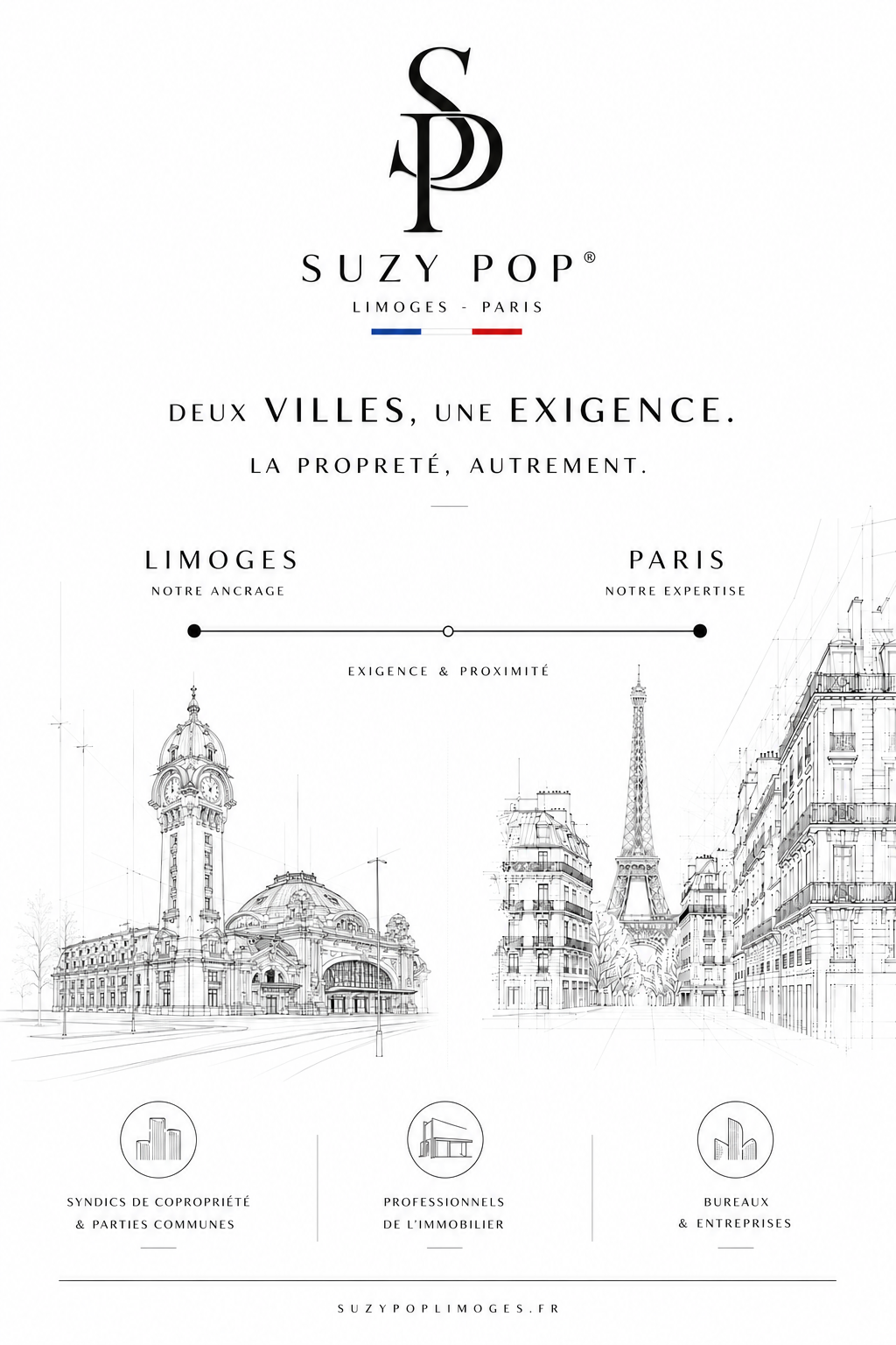 Affiche promotionnelle pour Suzy Pop, une entreprise immobilière à Limoges et Paris. Texte en français avec le slogan "Deux villes, une exigence. La propreté, autrement." Illustration en ligne d'horizon de Limoges et Paris, avec iconographies pour copropriété, immobilier, bureaux et entreprises, et mention du site web suzyplimoges.fr.