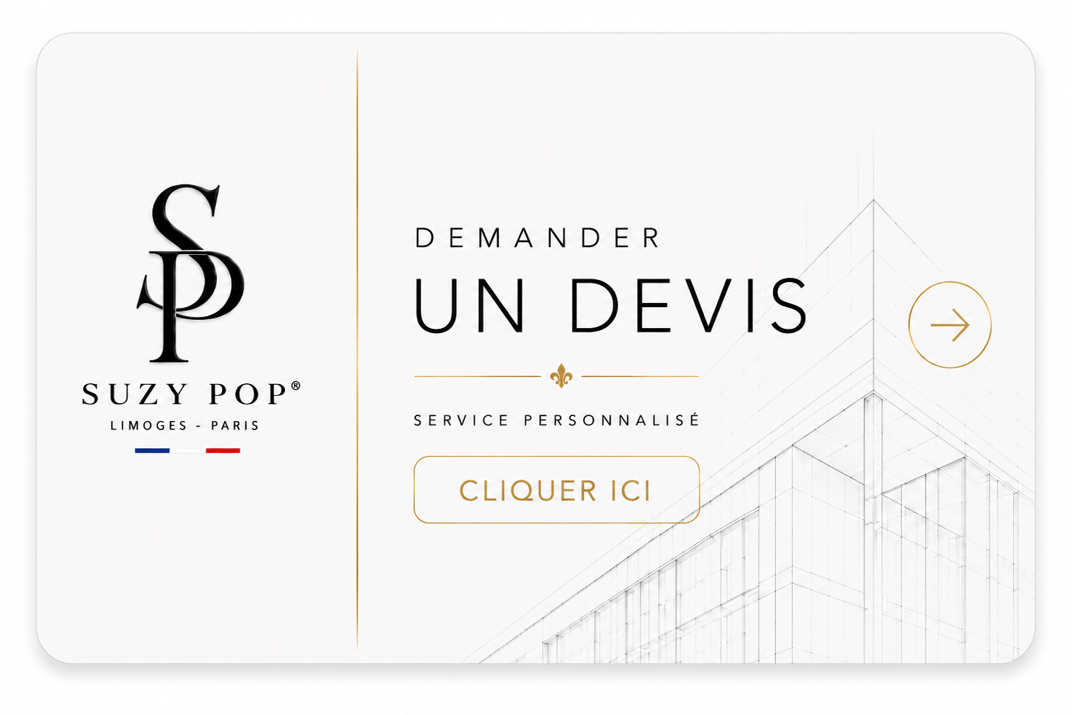 Page d'accueil avec logo de Suzy Pop, texte en français pour demander un devis, bouton pour cliquer, suggestion de service personnalisé, dessin d'un bâtiment moderne.
