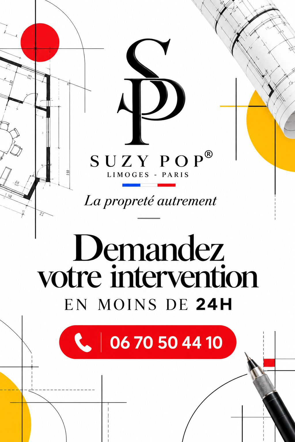Affiche promotionnelle pour Suzy Pop, architecte à Limoges et Paris, proposant d'intervenir en moins de 24 heures avec un numéro de téléphone, accompagnée de croquis d'architecture et d'une règle graduée.