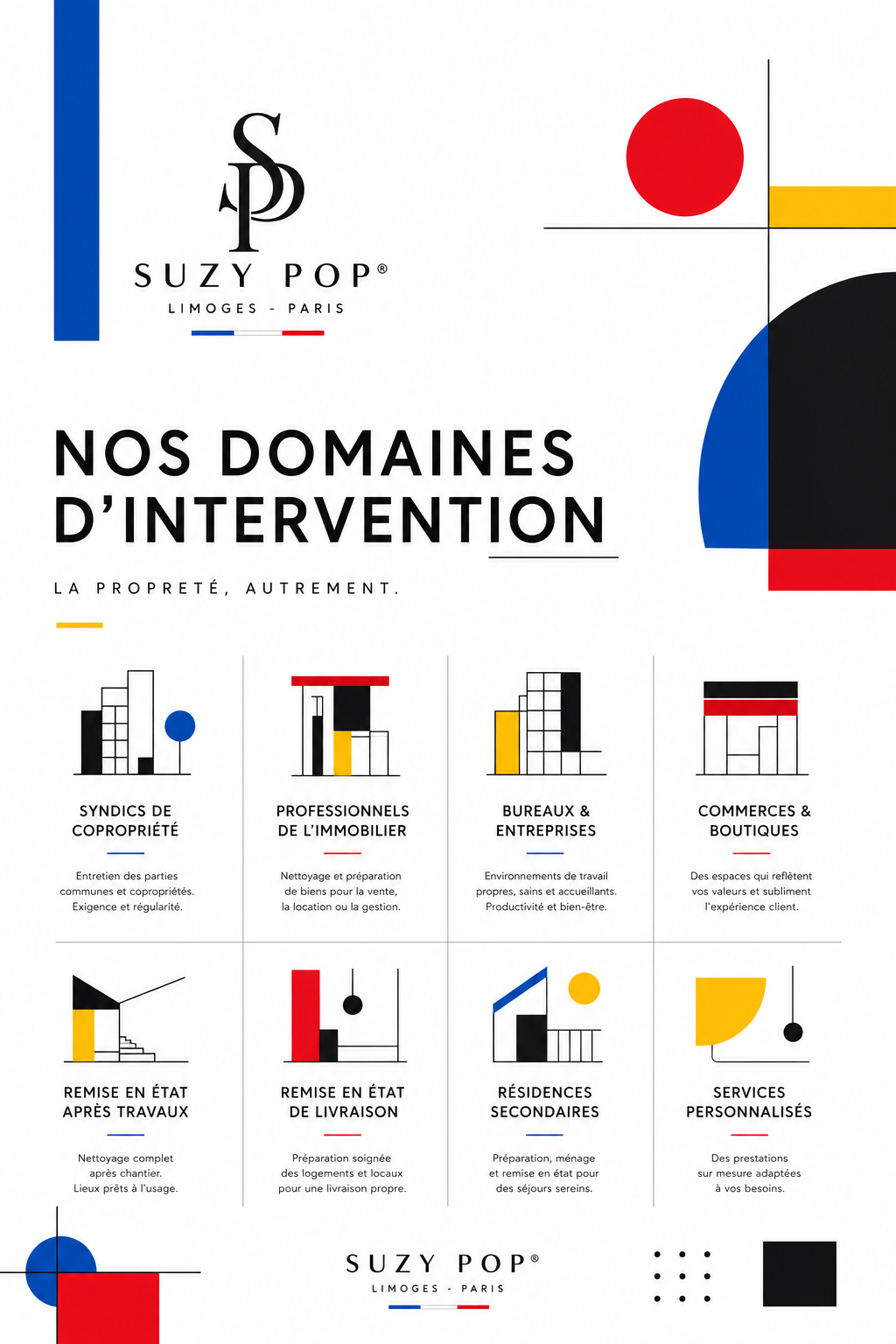 Infographie colorée présentant les domaines d'intervention de Suzy Pop, société basée à Limoges et Paris, avec des icônes illustrant la copropriété, l'immobilier, les bureaux, les commerces, la rénovation, la livraison, les résidences secondaires et les services personnalisés.