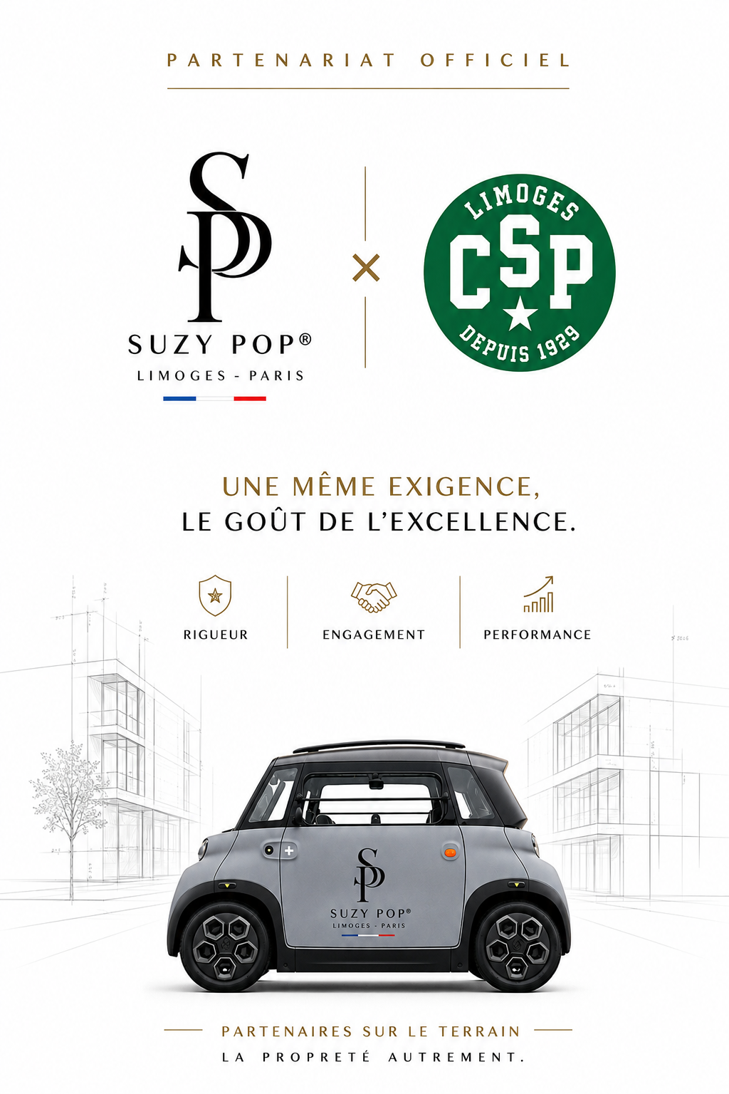 Affiche promotionnelle pour un partenariat entre Suzy Pop et Limoges CSP. Inclut logo, slogan sur l'excellence, et image d'une voiture électrique avec logos.