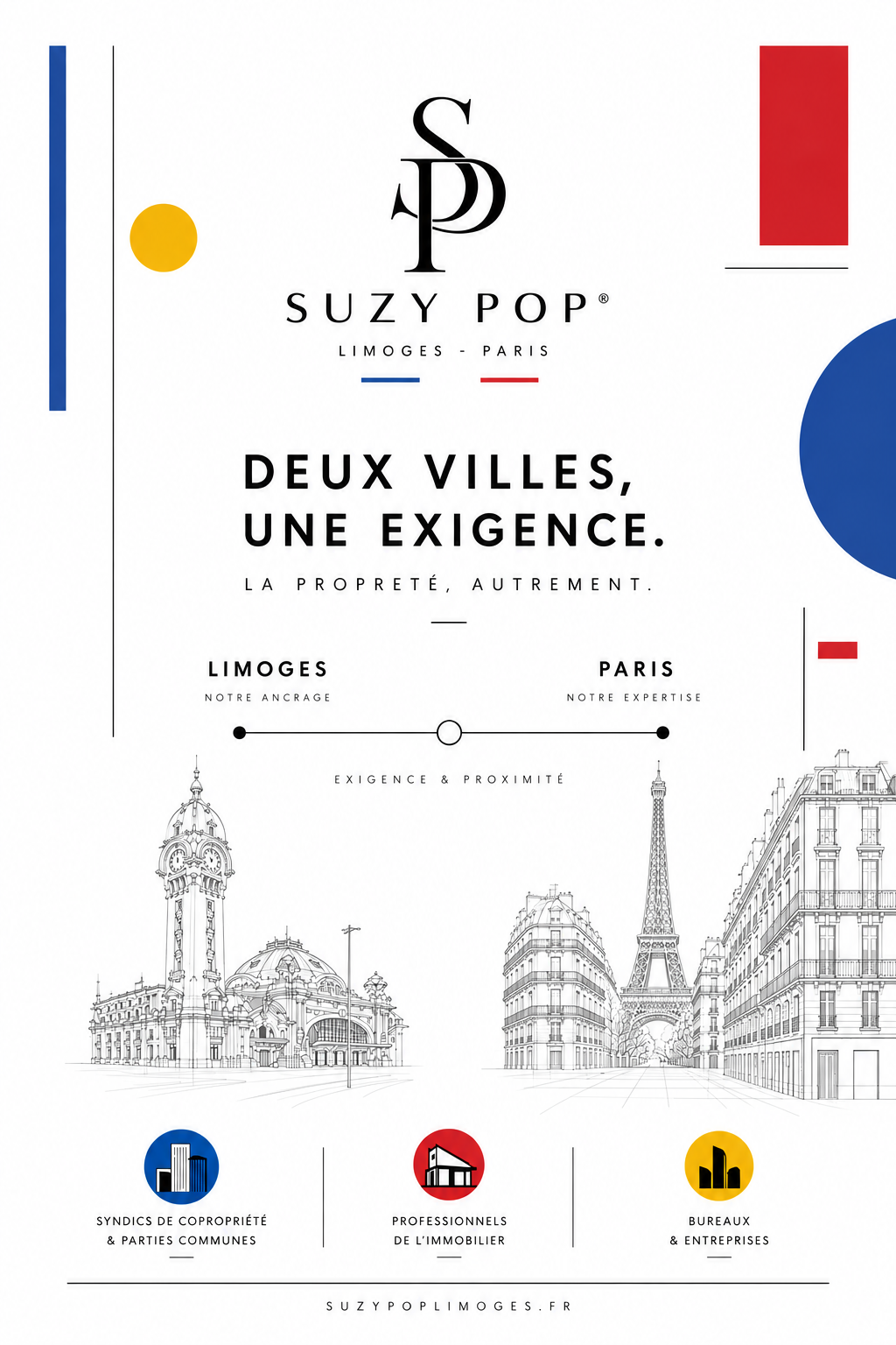 Affiche de publicité pour Suzy Pop, une agence immobilière. Illustration de deux villes, Limoges et Paris, liées par une ligne d'exigence et proximité. Icônes pour copropriété, professionnels de l'immobilier, bureaux et entreprises.