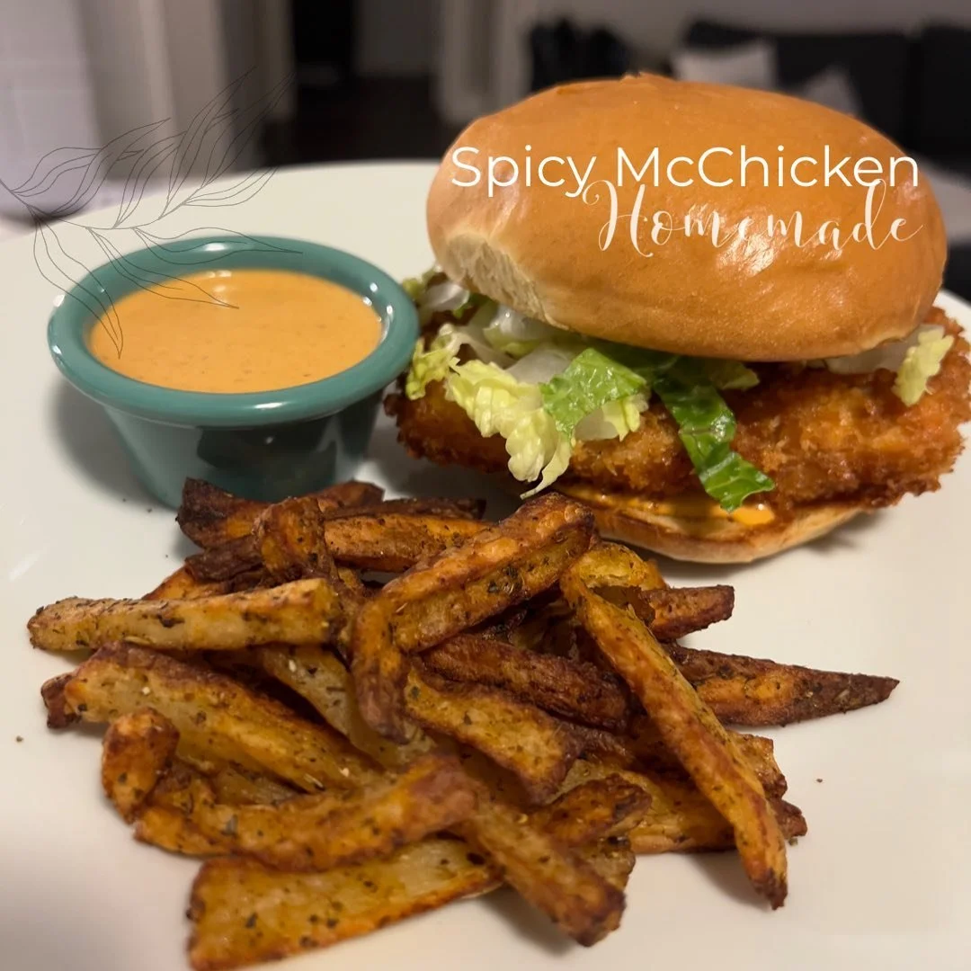 Spicy McChicken Sandwich 
.
.
.
@aleksimowinski and I occasionally enjoy McDonald&rsquo;s spicy McChicken sandwiches. Here&rsquo;s our homemade elevated version with air fryer French fries!