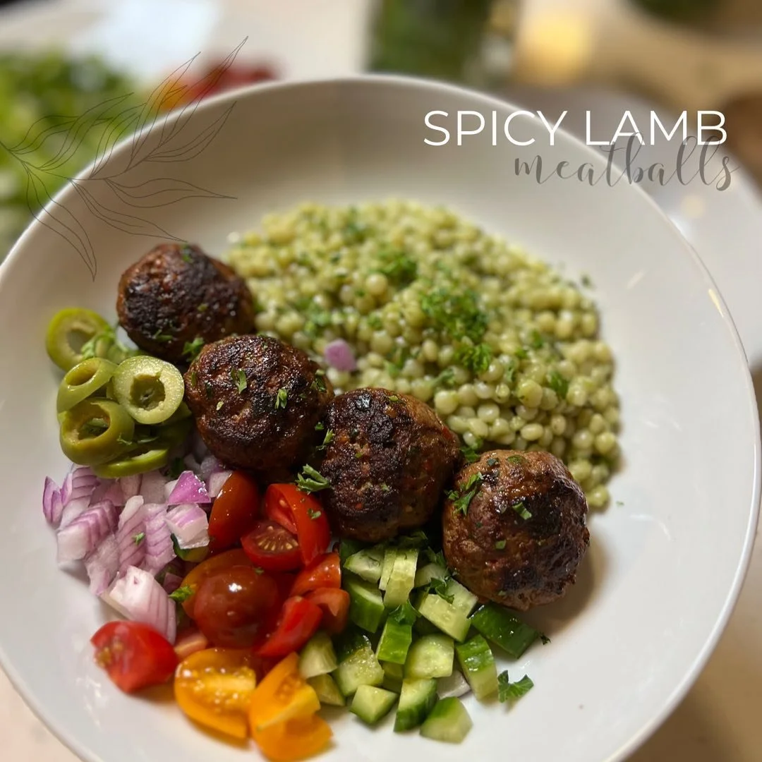 Spicy Lamb Meatballs
.
.
.
With homemade pesto Israeli couscous, diced cucumbers, cherry tomatoes, red onions, and castelvetrano olives.
.
.
.
My favorite way to enjoy a mediterranean bowl! Also amazing with (more) harissa for more spice, hummus and/