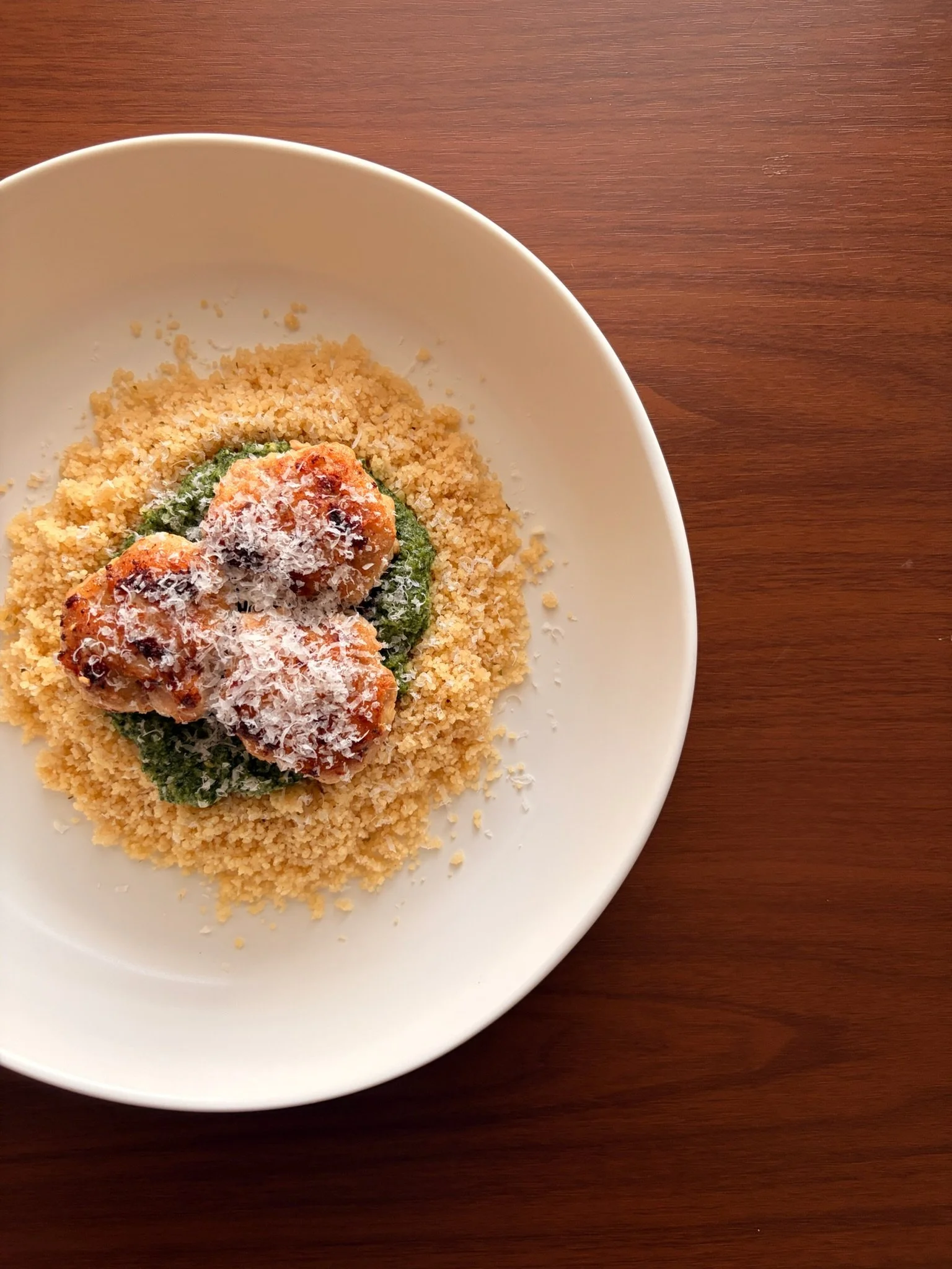 Sundried Tomato Chicken Meatballs w. Pesto &amp; Couscous