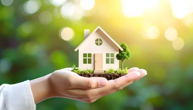 Hand holding a miniature house with a tree, set against a blurred outdoor background.