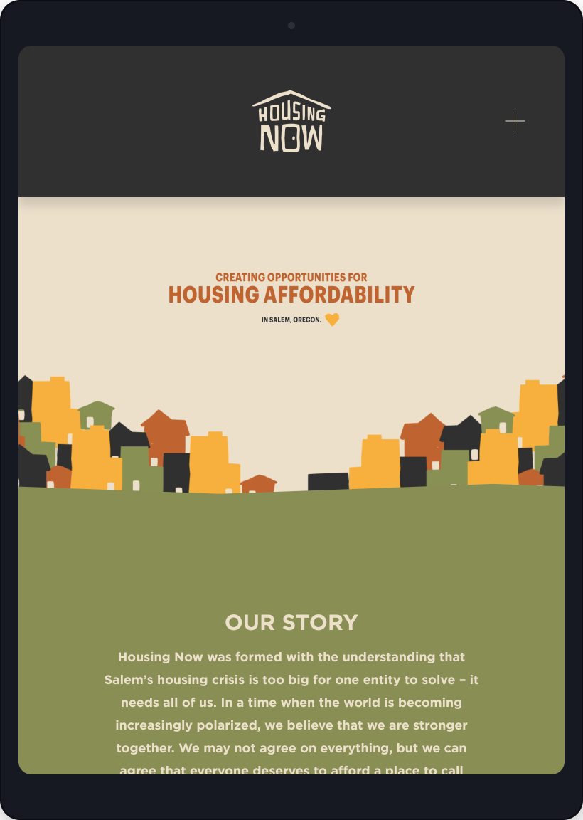 A digital screen displaying a housing advocacy organization called Housing Now, with a message about creating opportunities for housing affordability in Salem, Oregon. The design features a silhouette of colorful houses on a hillside.