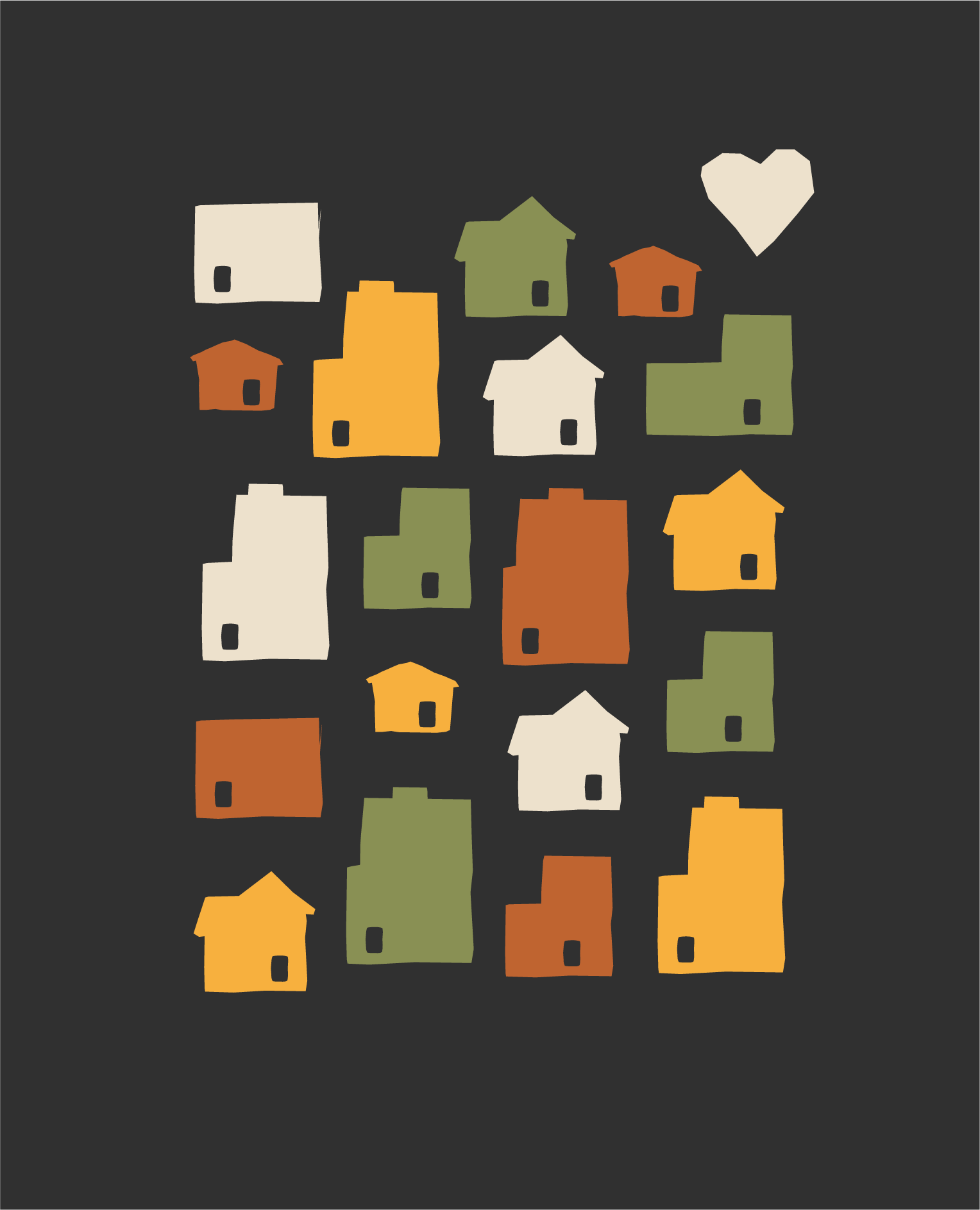 A pattern of small, colorful, abstract houses on a dark background.