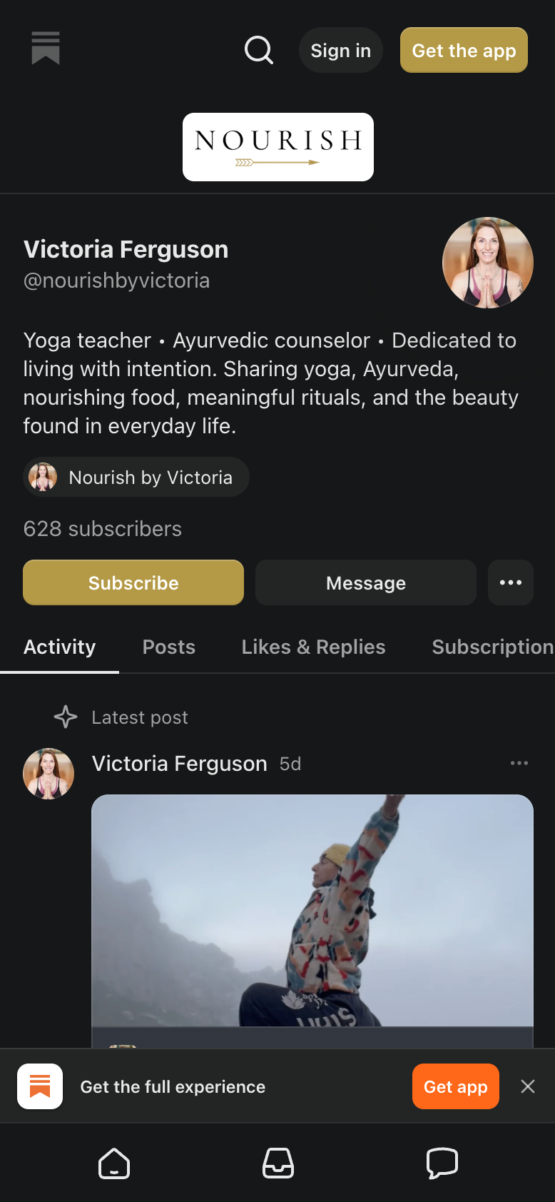 Social media profile of Victoria Ferguson, yoga teacher and Ayurvedic counselor, with a profile picture of a woman smiling in a yoga pose, and a post showing a person outdoors with raised arms, wearing colorful clothing and a yellow head covering.