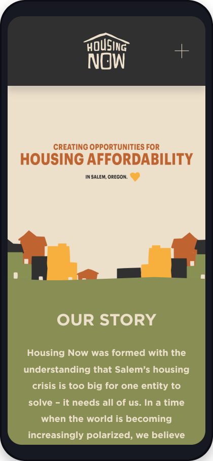 Mobile screen displaying a website for Housing Now, focusing on creating opportunities for housing affordability in Salem, Oregon, with an illustration of colorful houses and a section titled 'Our Story' explaining their mission.