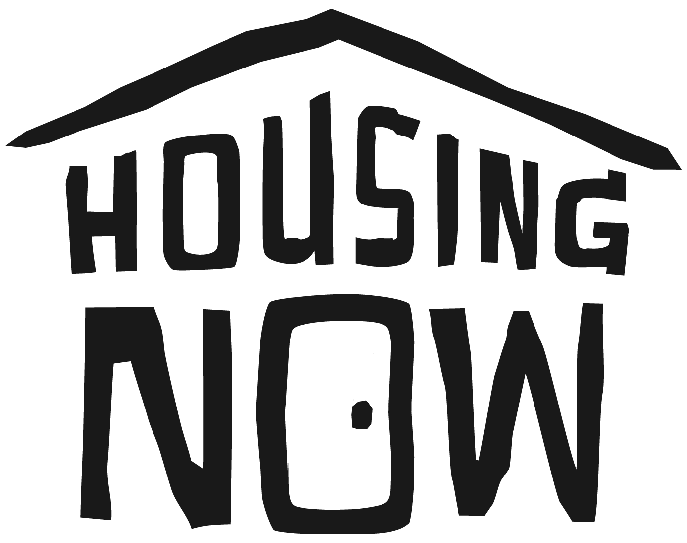 Black and white illustration of a house shape with the words 'Housing Now' inside, stylized as a building or roof.