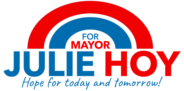 Campaign poster with blue and red colors, promoting Julie Hoy for mayor, featuring the slogan 'Hope for today and tomorrow!'