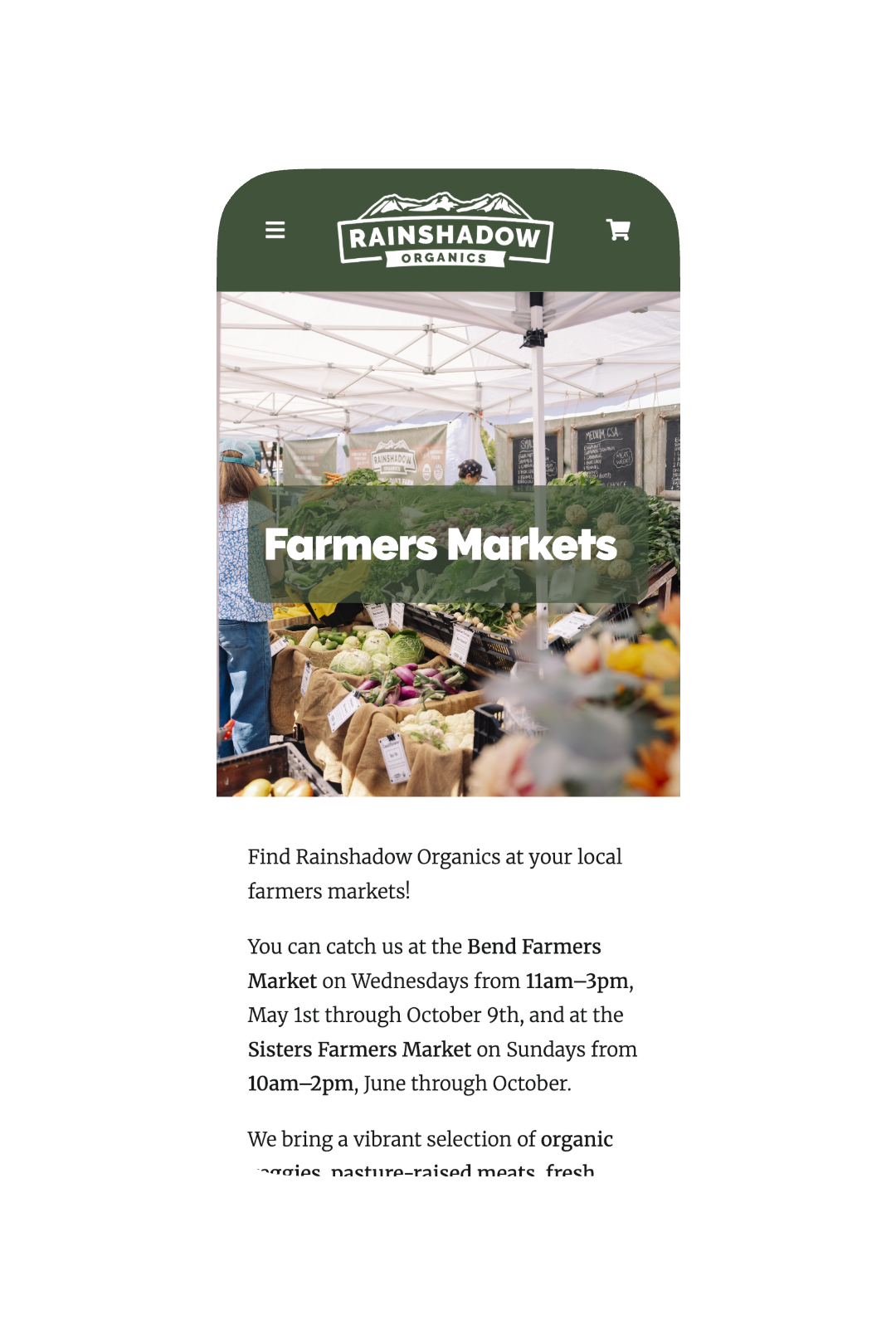 A mobile webpage for Rainshadow Organics featuring farmers markets. The top logo has a mountain graphic with the text 'Rainshadow Organics.' The background image shows a farmers market stall with fresh vegetables, and a person browsing. The text overlay says 'Farmers Markets.' The page content mentions locations and times for local farmers markets.