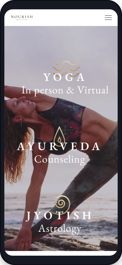 Mobile app screen with a woman practicing yoga on a beach, overlaid text advertising in-person and virtual yoga, Ayurveda counseling, and Jyotish astrology services.