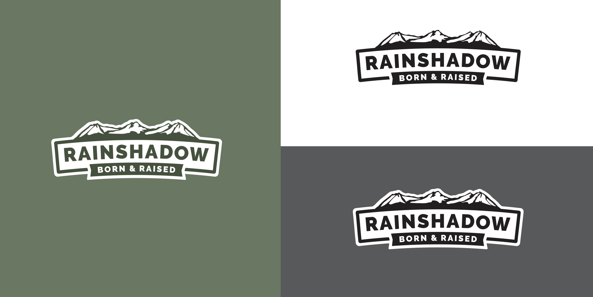 Four variations of a logo for 'Rainshadow Born & Raised' featuring mountain illustrations and bold text, each on different colored backgrounds (olive green, white, dark gray, black).