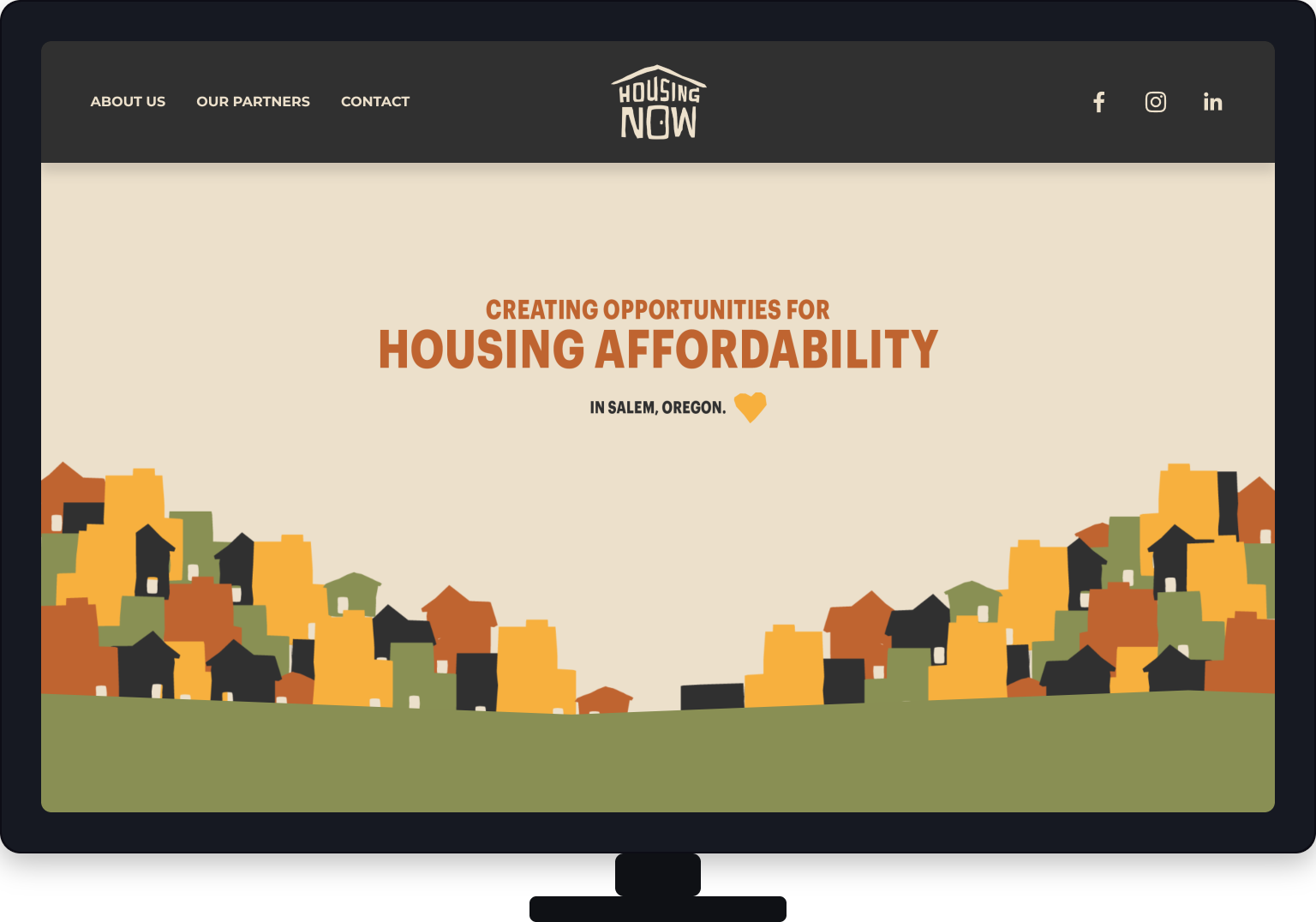 A website homepage with a black header containing links to About Us, Our Partners, and Contact. The site logo, Housing Now, is centered at the top. The background is beige with a stylized illustration of a hillside filled with colorful houses at the bottom. The main text reads, 'Creating opportunities for housing affordability in Salem, Oregon,' with a small heart icon.