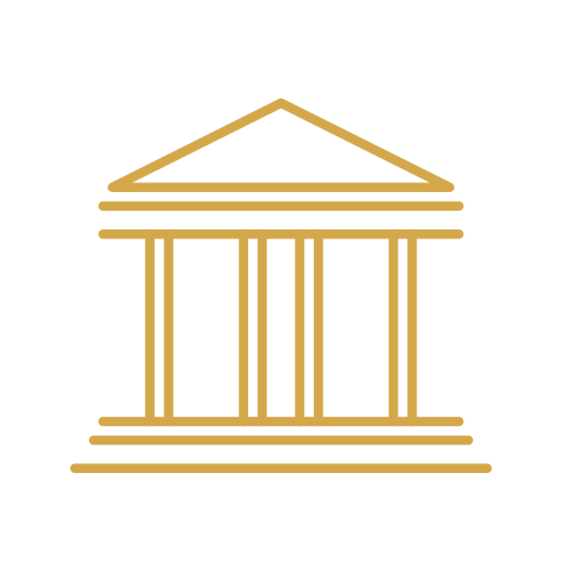 Outline of a classical Greek or Roman temple with columns and a triangular pediment, depicted in gold.