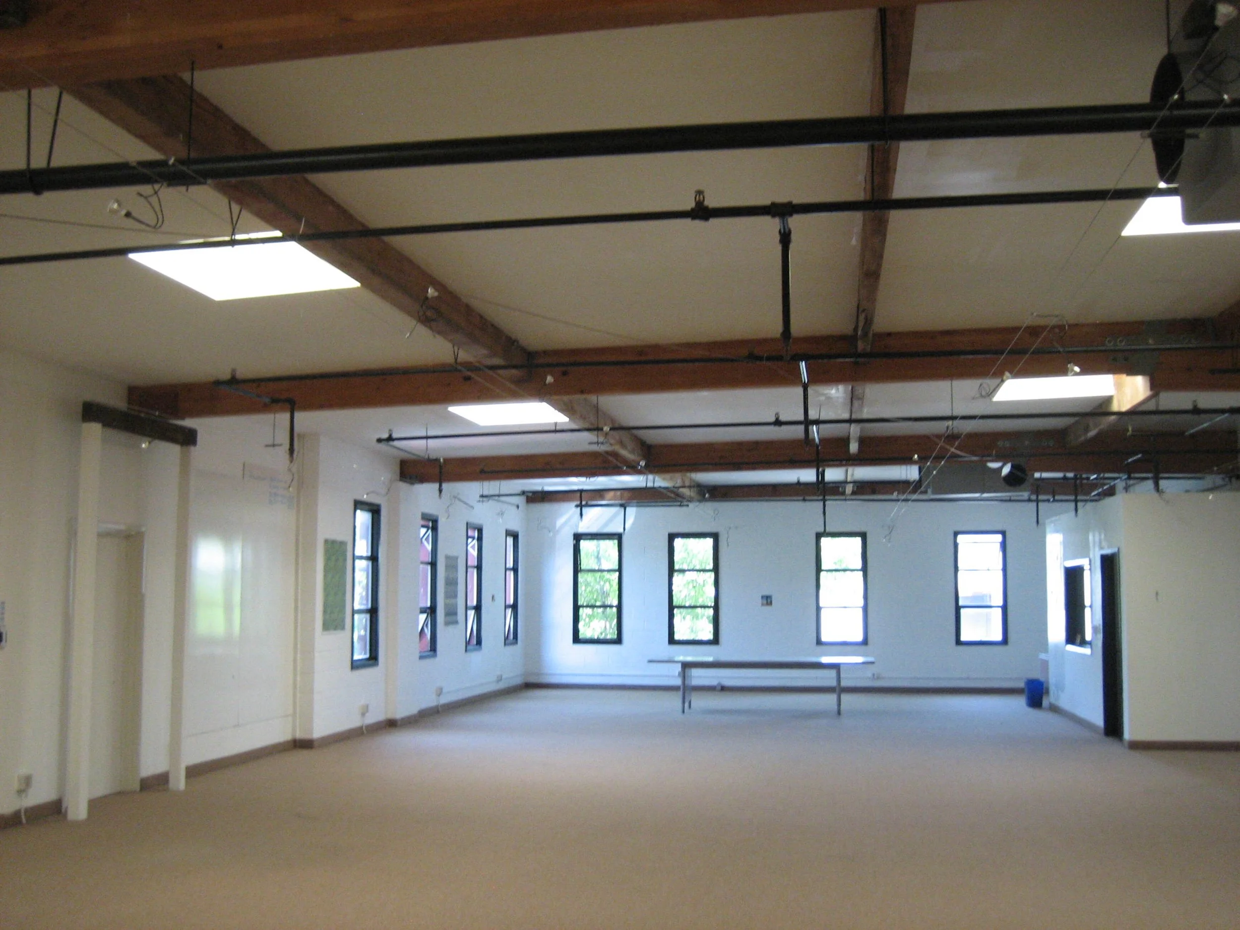 An empty indoor room with beige carpet, beige walls, multiple black-framed windows, exposed wooden beams on the ceiling, and fluorescent lights.