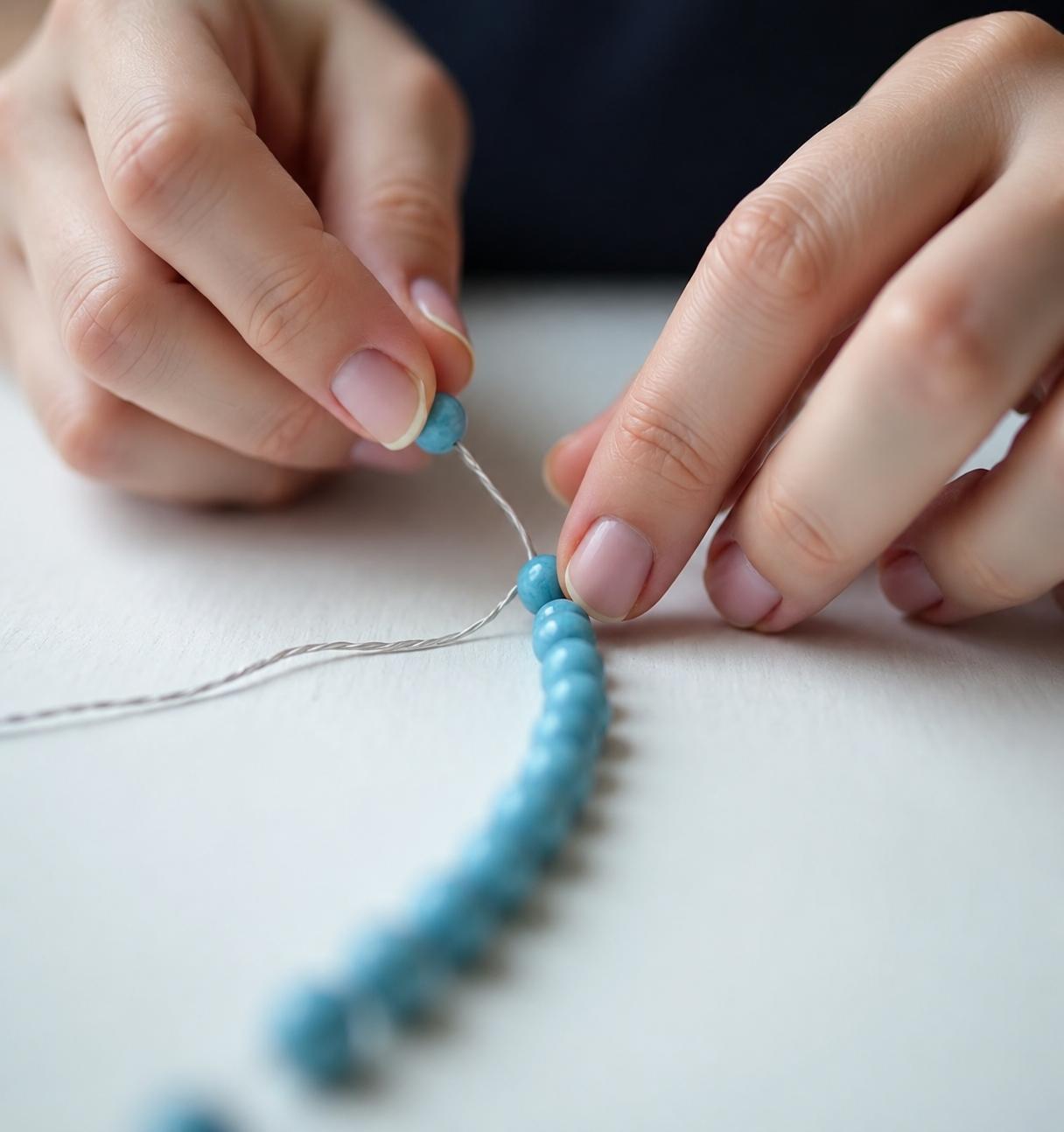 A person threading light blue beads onto a string to make a beaded jewelry piece.
