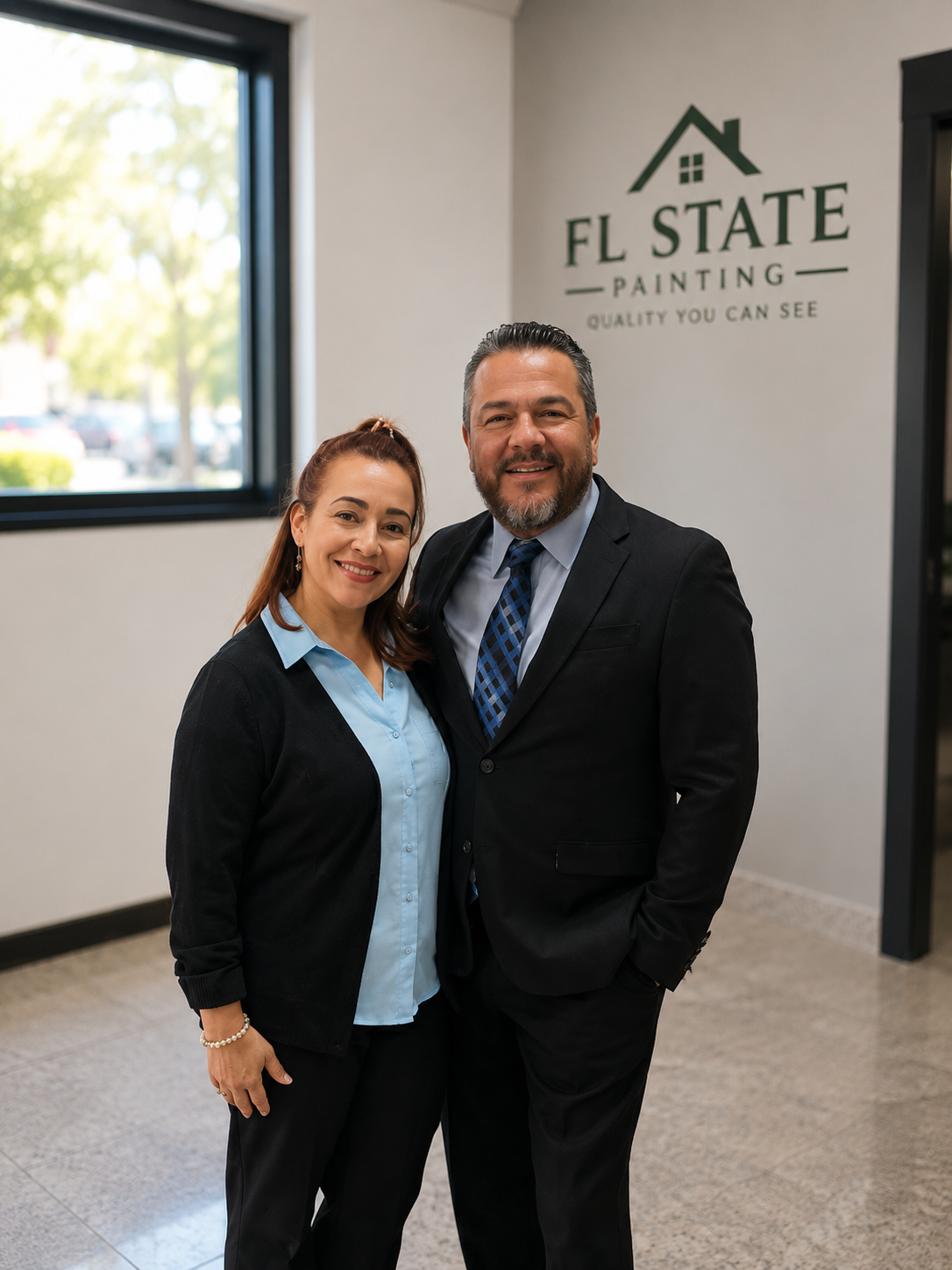 A woman and a man dressed in business attire, standing inside a commercial building with a window, smiling at the camera. A sign on the wall behind them reads "FL State Painting" with a house icon above it and the slogan "Quality you can see."