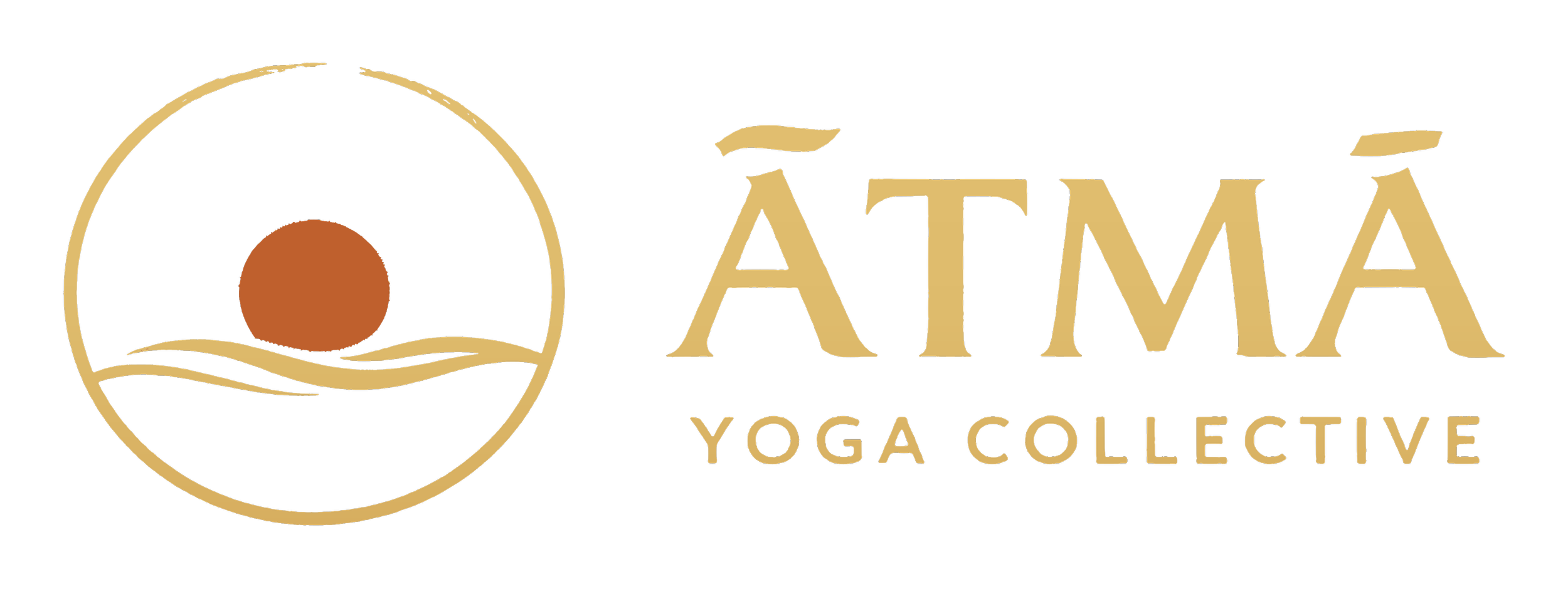 ĀTMĀ Yoga Collective logo: a circular seal with a sun above sweeping lines of air, beside the brushed ĀTMĀ wordmark.