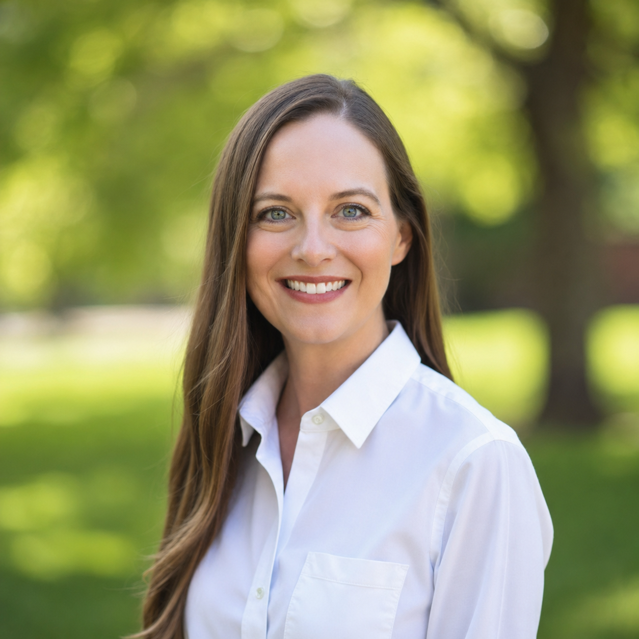 A woman with long brown hair and blue eyes smiling outdoors, wearing a white button-up shirt, with a green blurred park background.