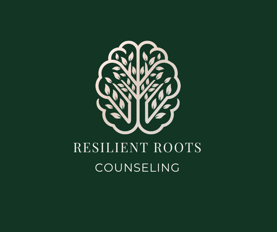Resilient Roots Counseling logo — tree and roots icon on dark green background