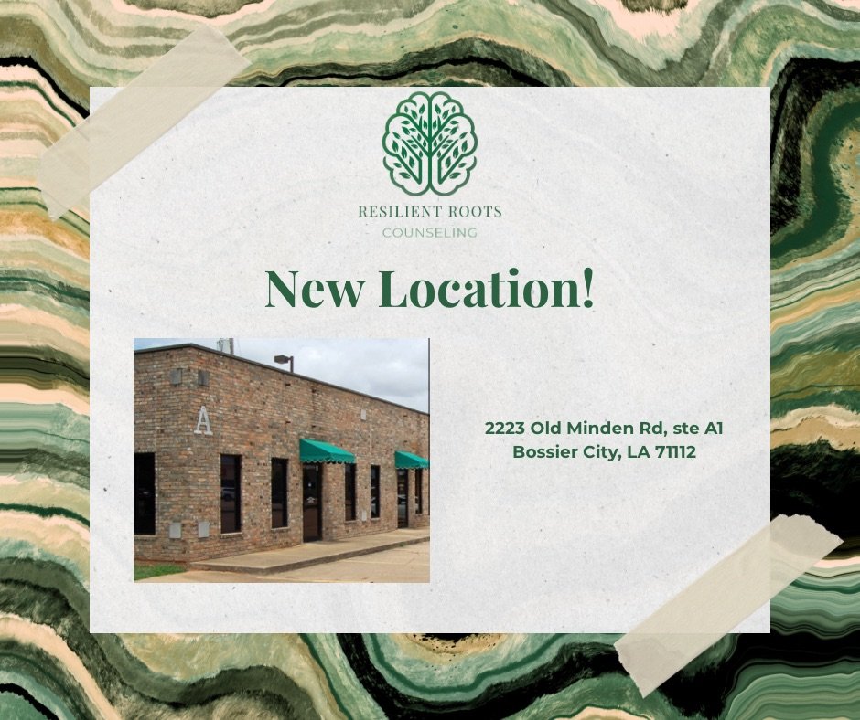 New Location flyer for Resilient Roots Counseling — office building at 2223 Old Minden Rd, Bossier City, LA