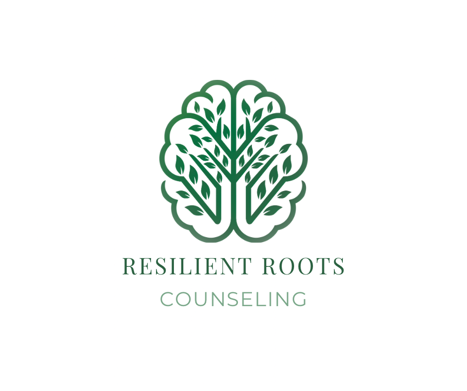 Resilient Roots Counseling logo — tree and roots icon on a tan background