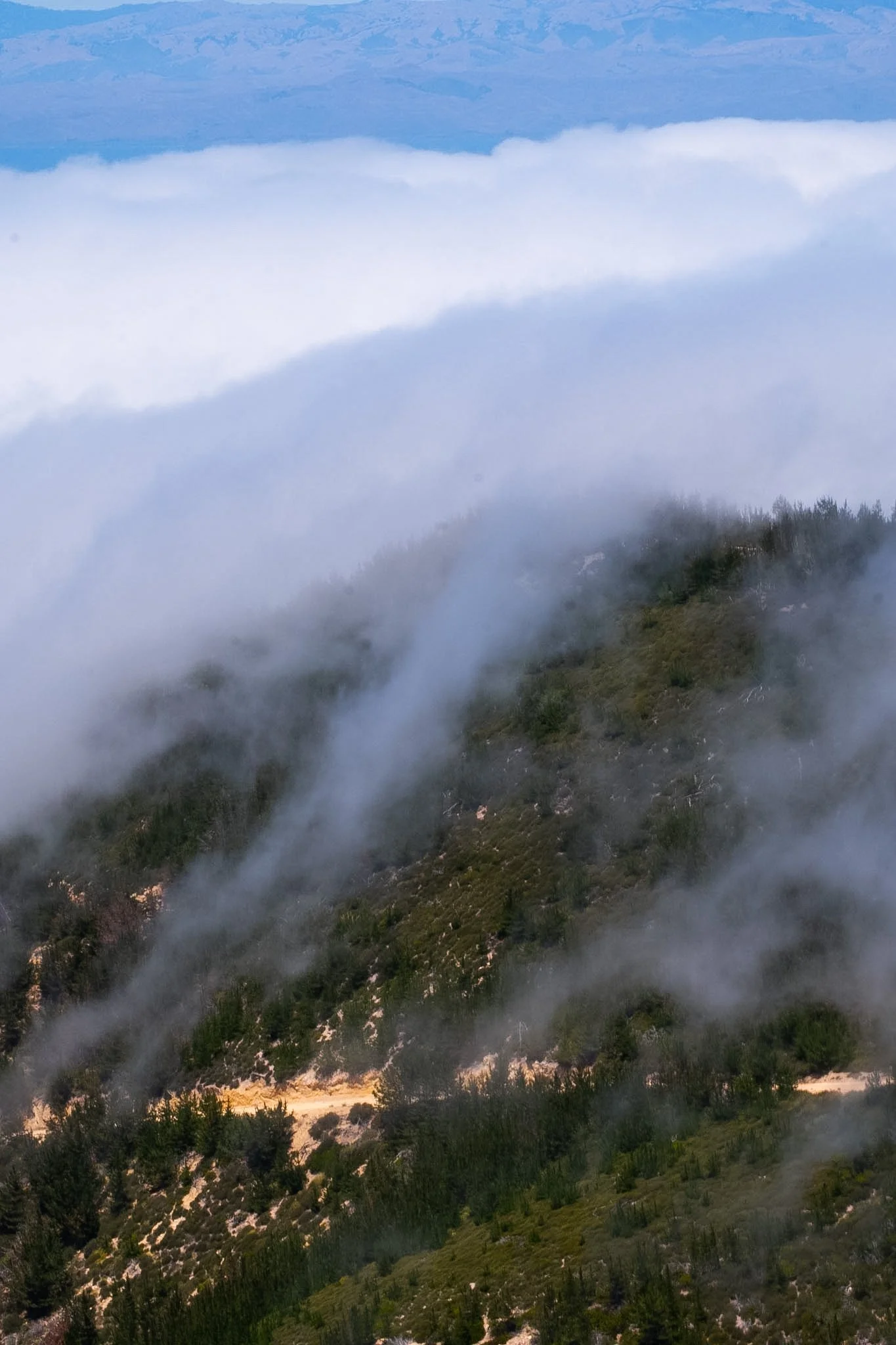 Mountain landscape with fog and clouds, forested slopes, and some areas of sunlight at the bottom.
