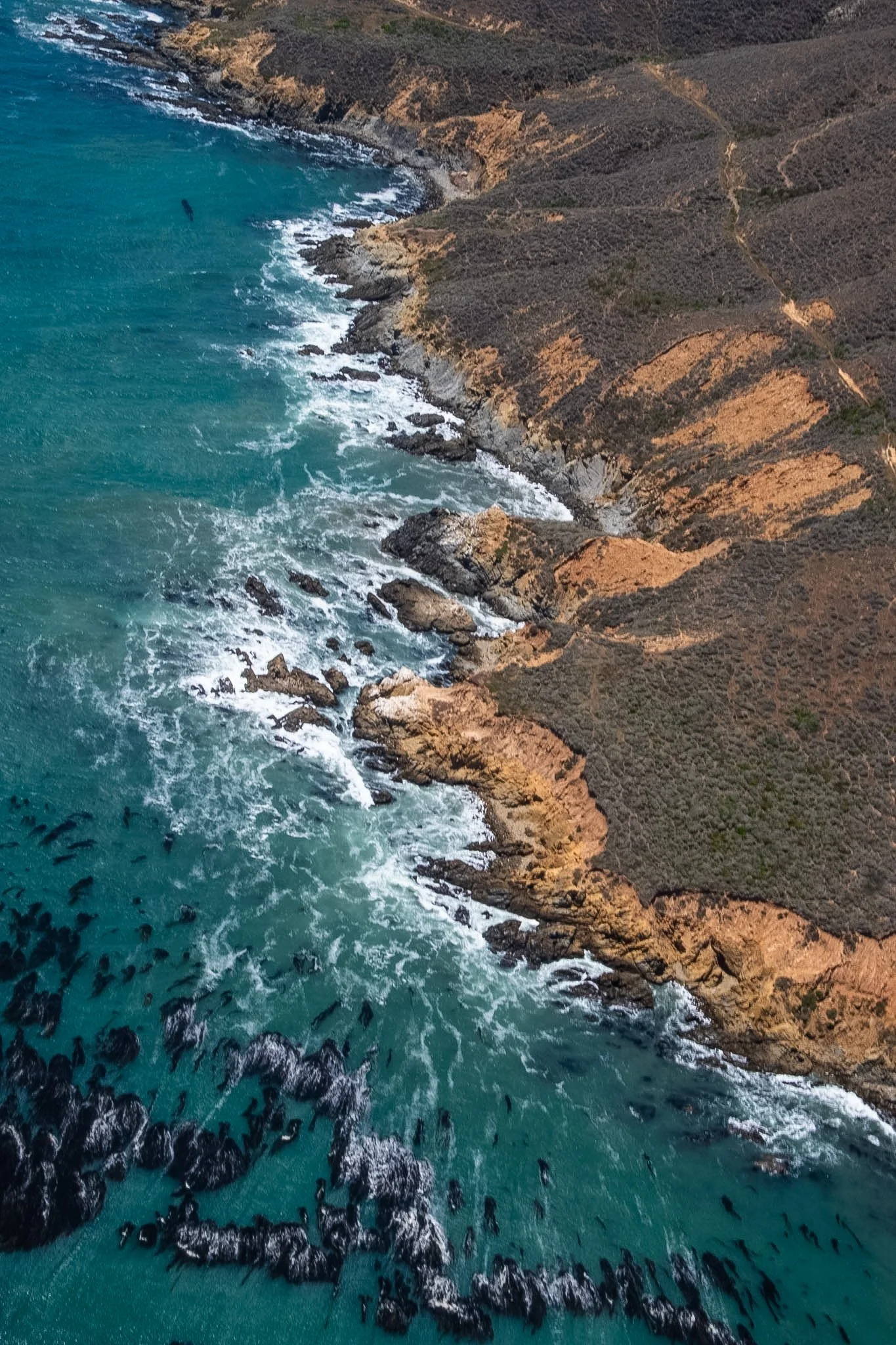 Aerial view of rugged coastline with cliffs and dark rocks, turquoise waters crashing against the shore, and plant-covered terrain above.