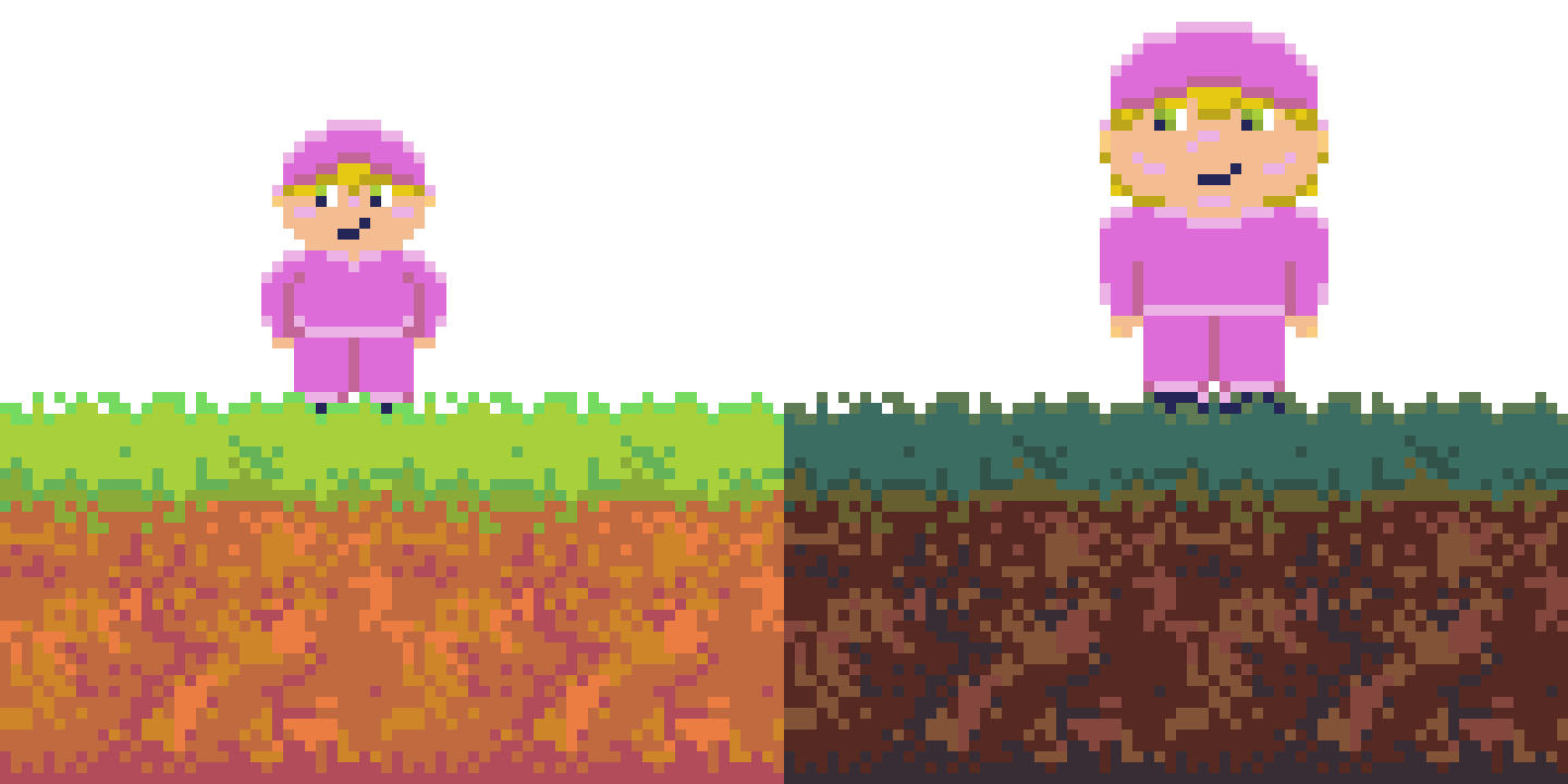 Pixel art image of a young girl in pink pajamas with a pink hat, standing on two different types of ground, showing a contrast between the grass and dirt layers.
