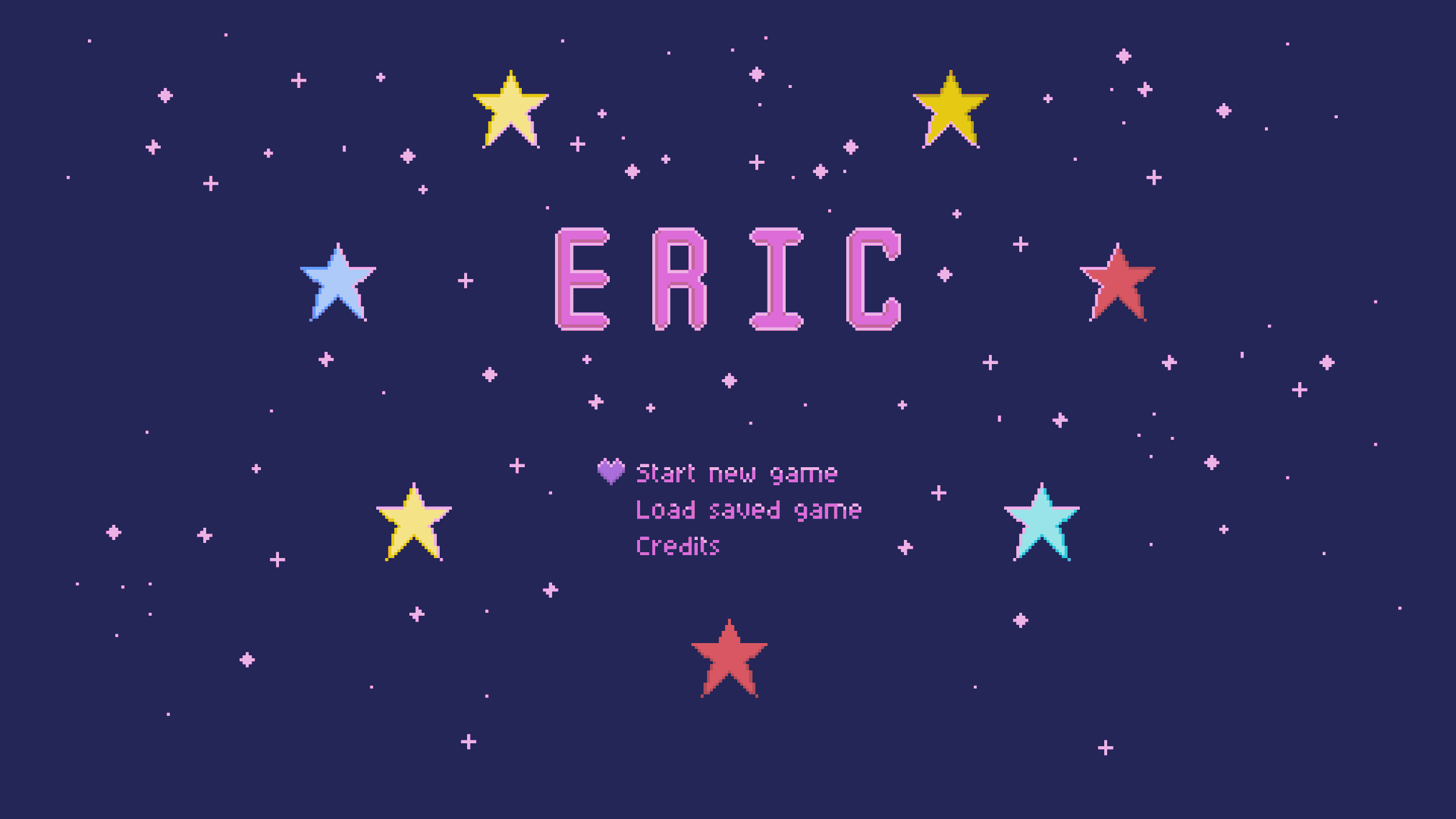Pixel art style video game menu screen with a space background, displaying the title 'ERIC' in pink pixelated letters, surrounded by colorful stars and small dots. Options include 'Start new game', 'Load saved game', and 'Credits' in pink text.