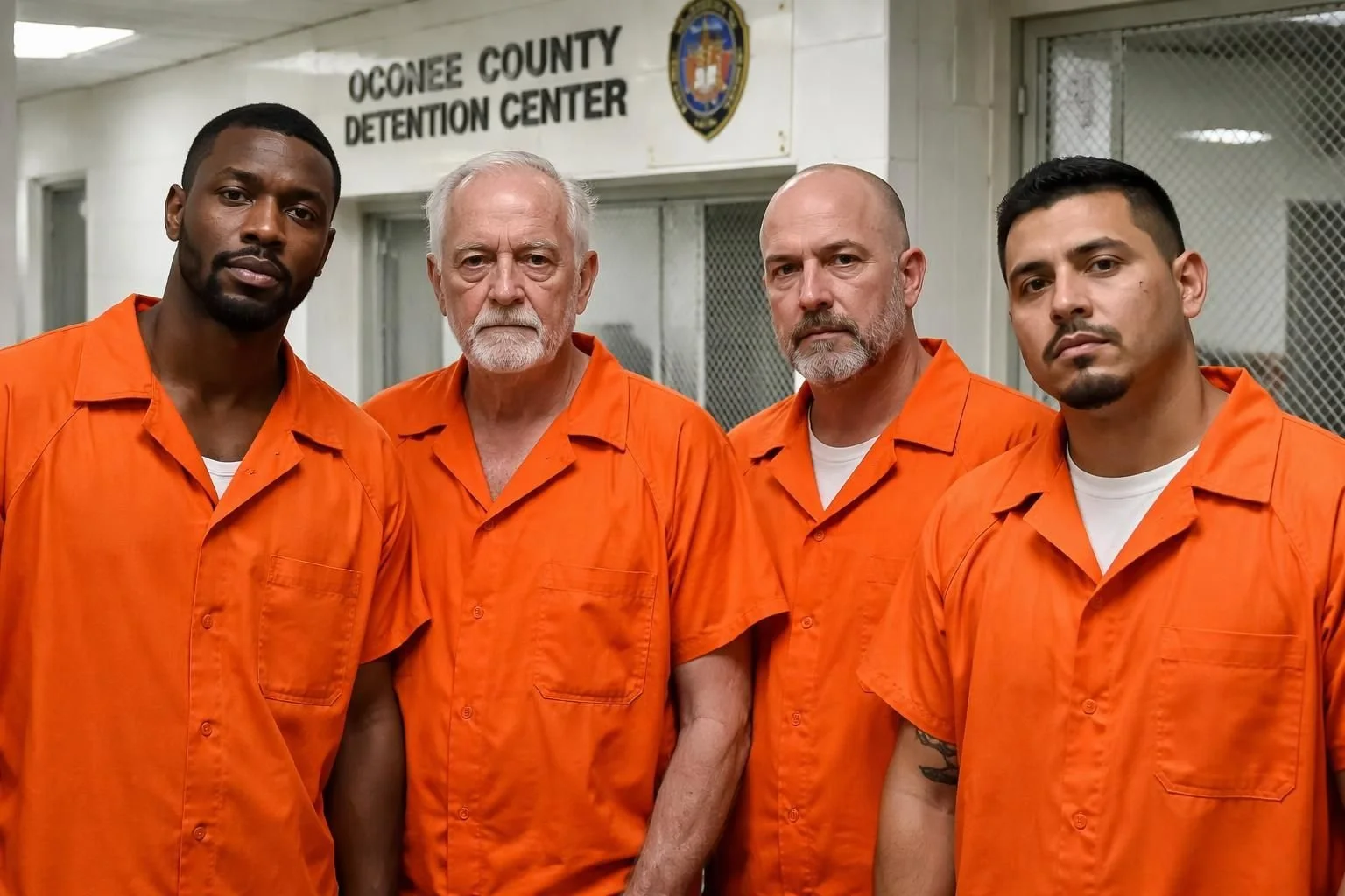 Four men in orange prison uniforms standing inside a detention center, with a sign reading "Oconee County Detention Center" behind them.