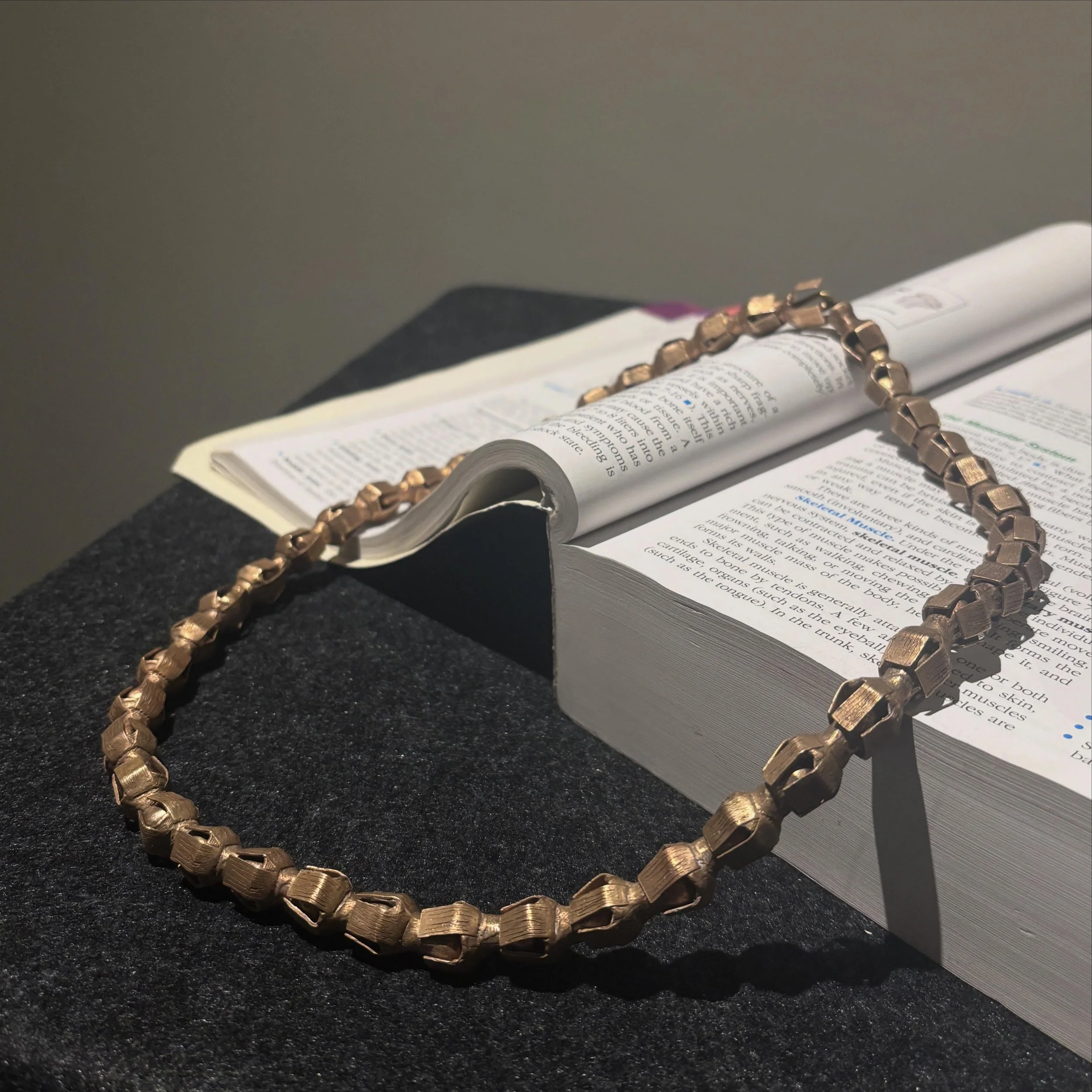 ball and socket necklace. april 2026. ancient bronze. 

this was a project i made for my casting class i took this past semester. we were prompted to use repeated elements to create a chain of at least three links. this one has over 50 which were all
