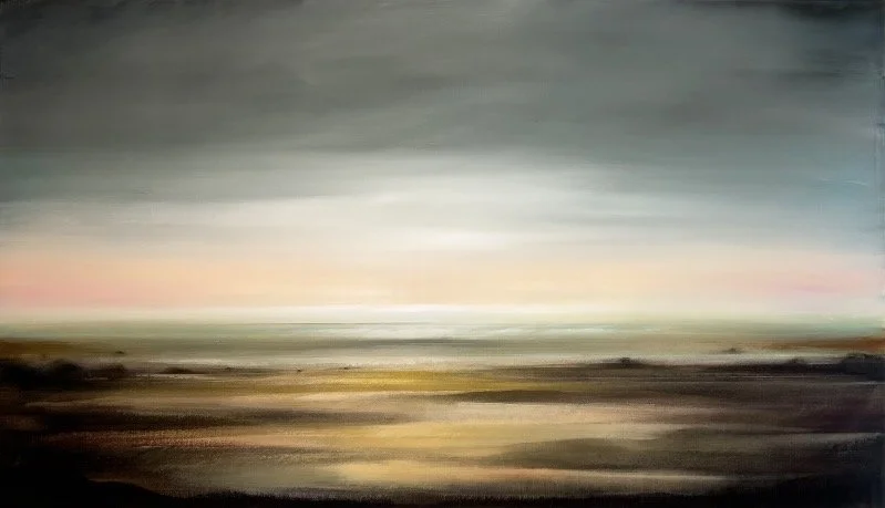 Abstract landscape painting with a horizon, featuring muted earth tones and soft pastel sky colors.