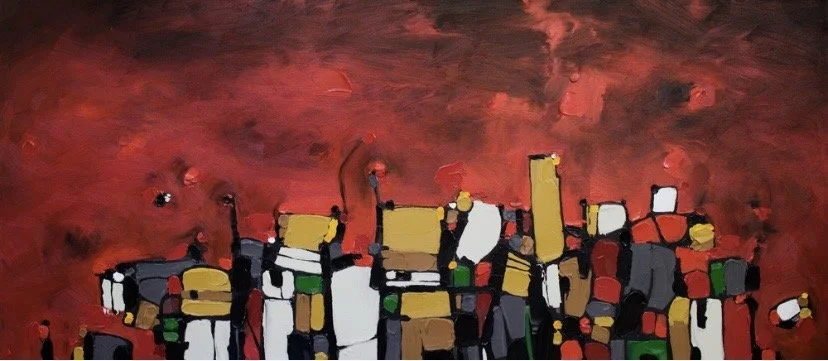 Abstract painting of a city skyline with buildings in yellow, white, black, and red, against a red and brown background.