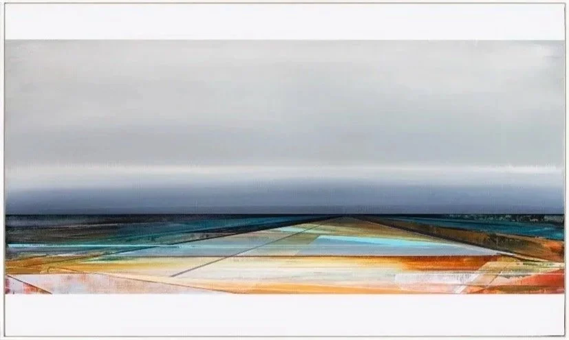Abstract painting with horizontal layers of gray, blue, orange, yellow, and red colors.