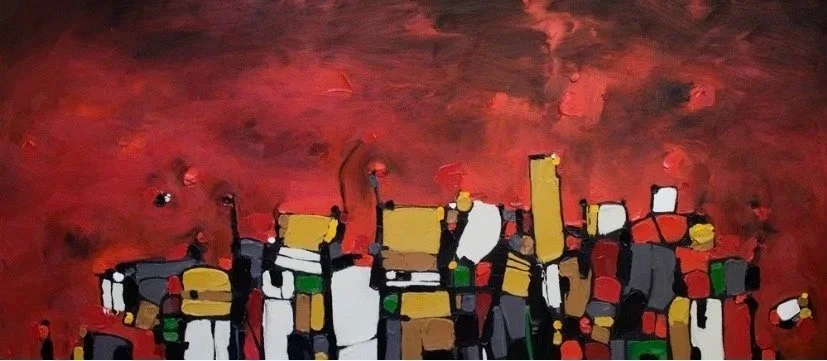 Abstract painting of a city skyline with blocks of various colors including yellow, white, green, black, and red against a red background.