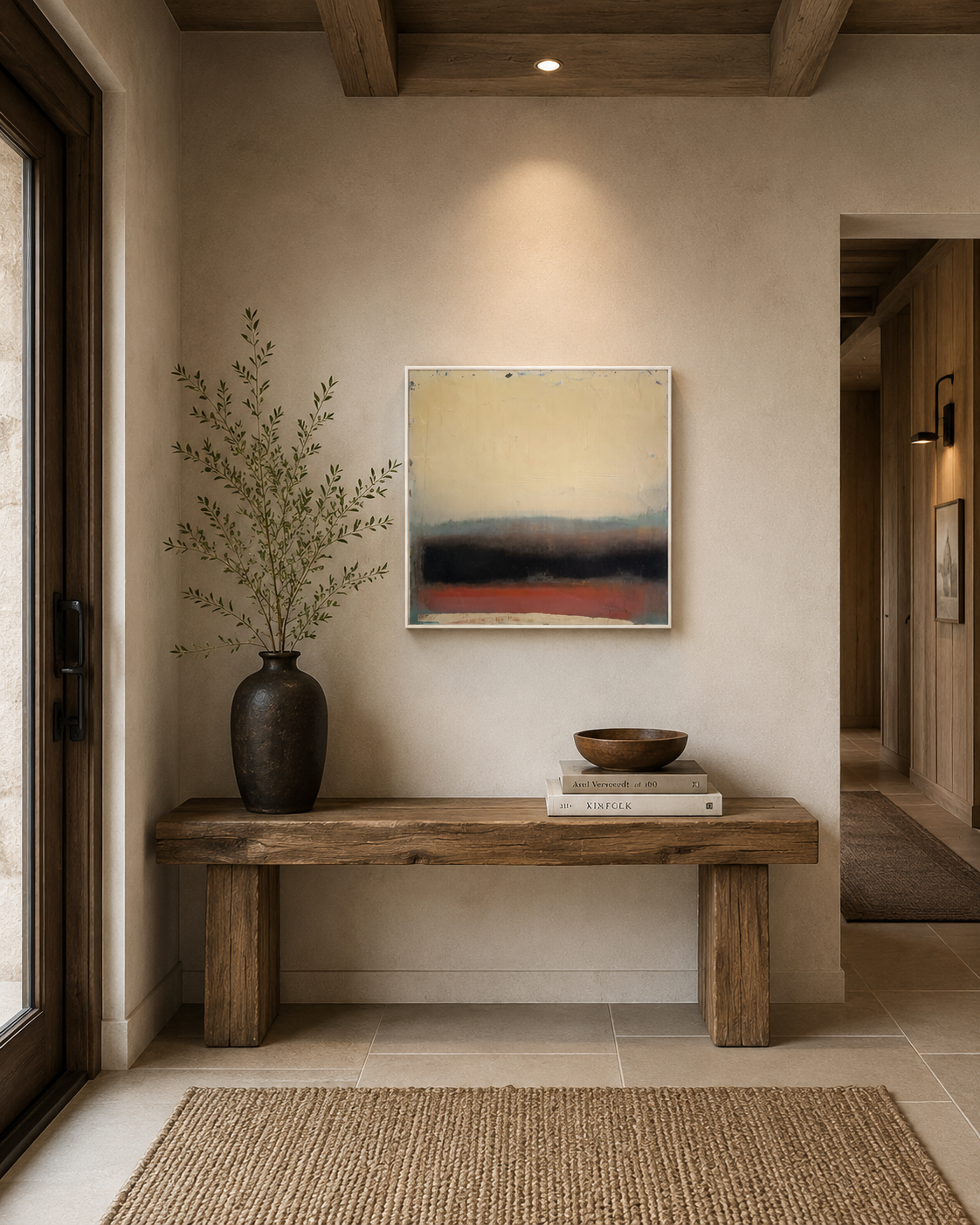 A rustic wooden console table against a beige wall with a large potted plant on the left, a colorful abstract painting centered above, and stacked books with a wooden bowl on top on the right. An area rug on a tiled floor is in the foreground, and pa