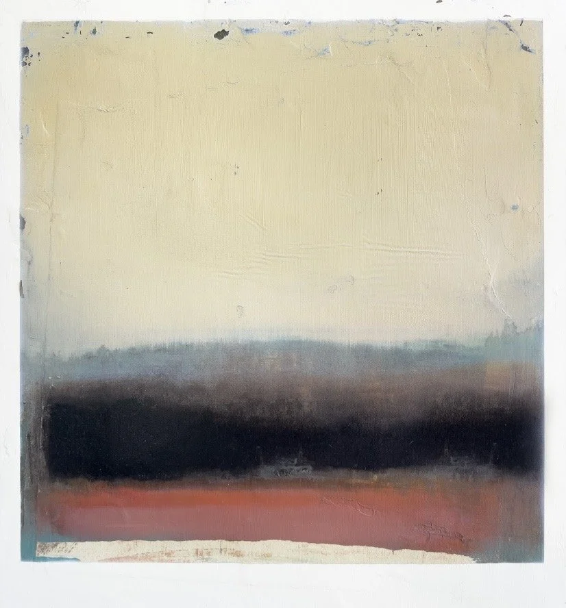Abstract painting with beige upper background, a dark horizontal band in the middle, and reddish ground at the bottom