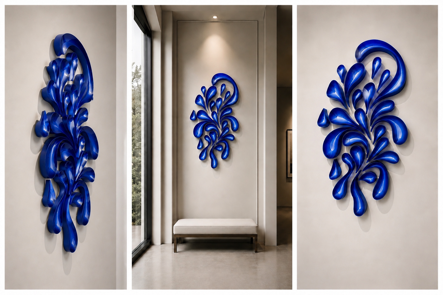 Three pieces of modern blue abstract wall art in a well-lit hallway with a bench and large windows.