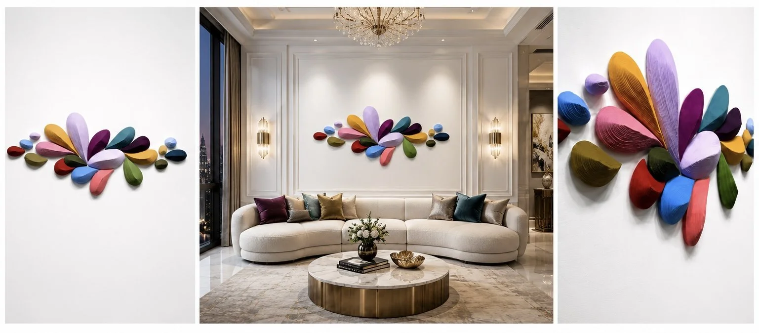 Colorful modern wall art in a living room with a curved white couch, pillows, a round marble coffee table, floral arrangement, and a chandelier.