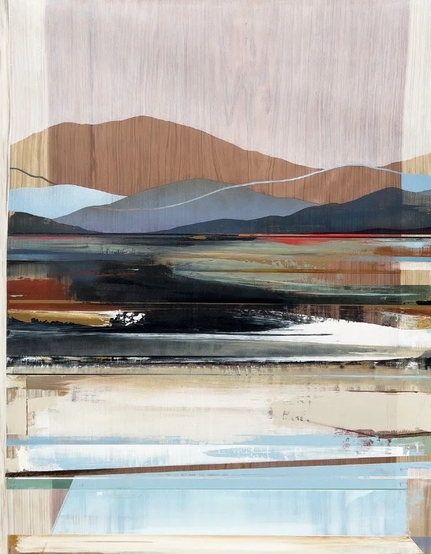 Abstract landscape painting with mountains in shades of brown, blue, and gray, and a body of water with reflections at the bottom.
